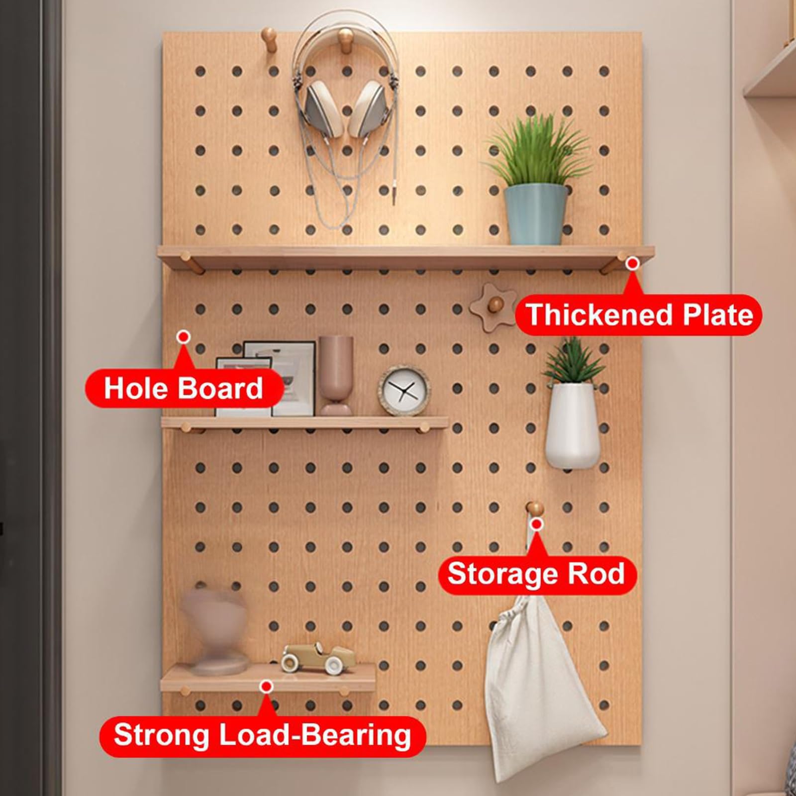 Porta Attrezzi da Parete, Kit di Combinazione di Pannello Forato in Legno Massello, Mensola Espositiva per Ingresso, Soggiorno, Ufficio, Casa(White)