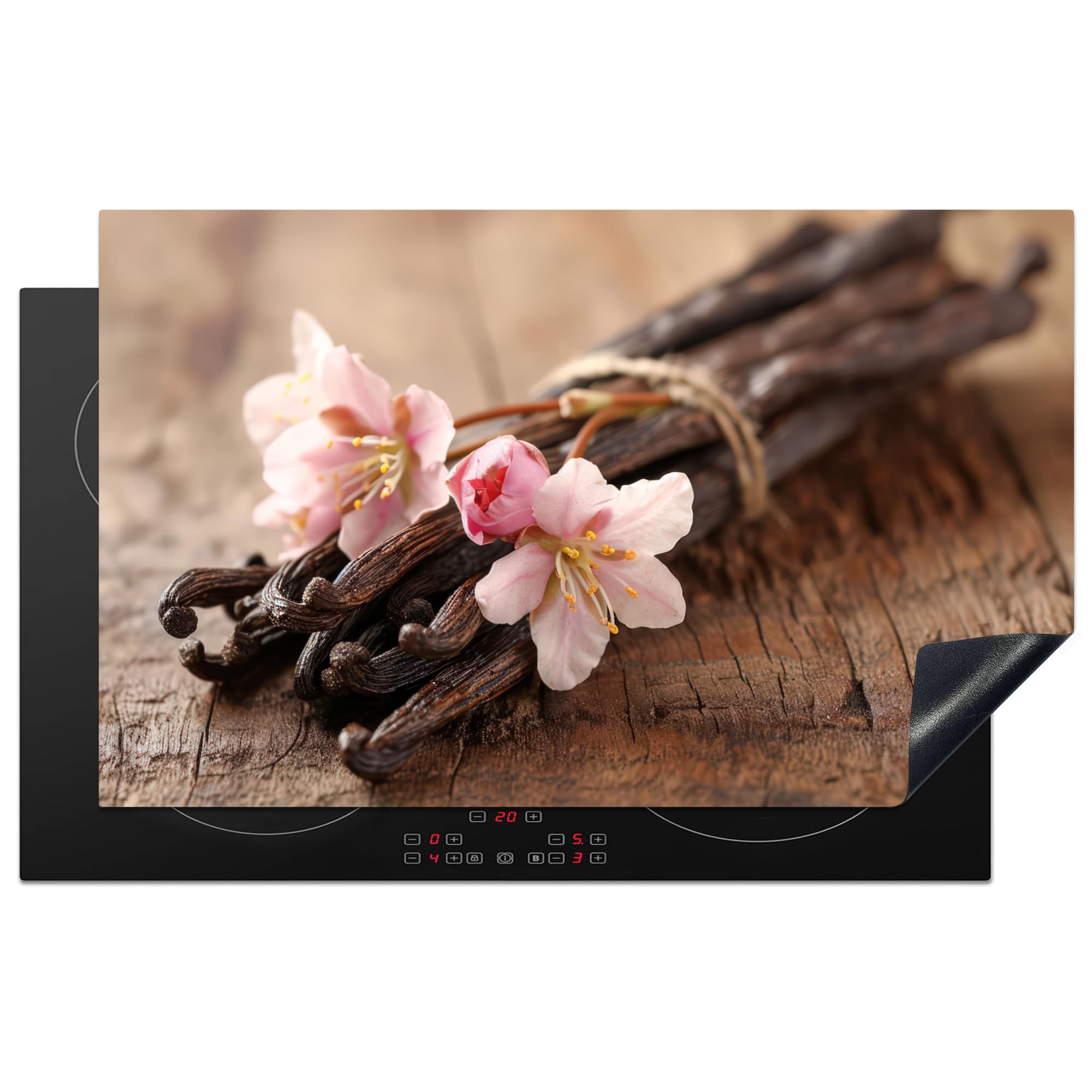 KitchenYeah© Induction Hob Cover Protector Mat 20.3"x32.7" / 83x51.5 cm Kitchen Universal Ceramic Covers for Electric Cookers Vinyl Vanilla - Flowers - Vanilla pods - Wood - Pink