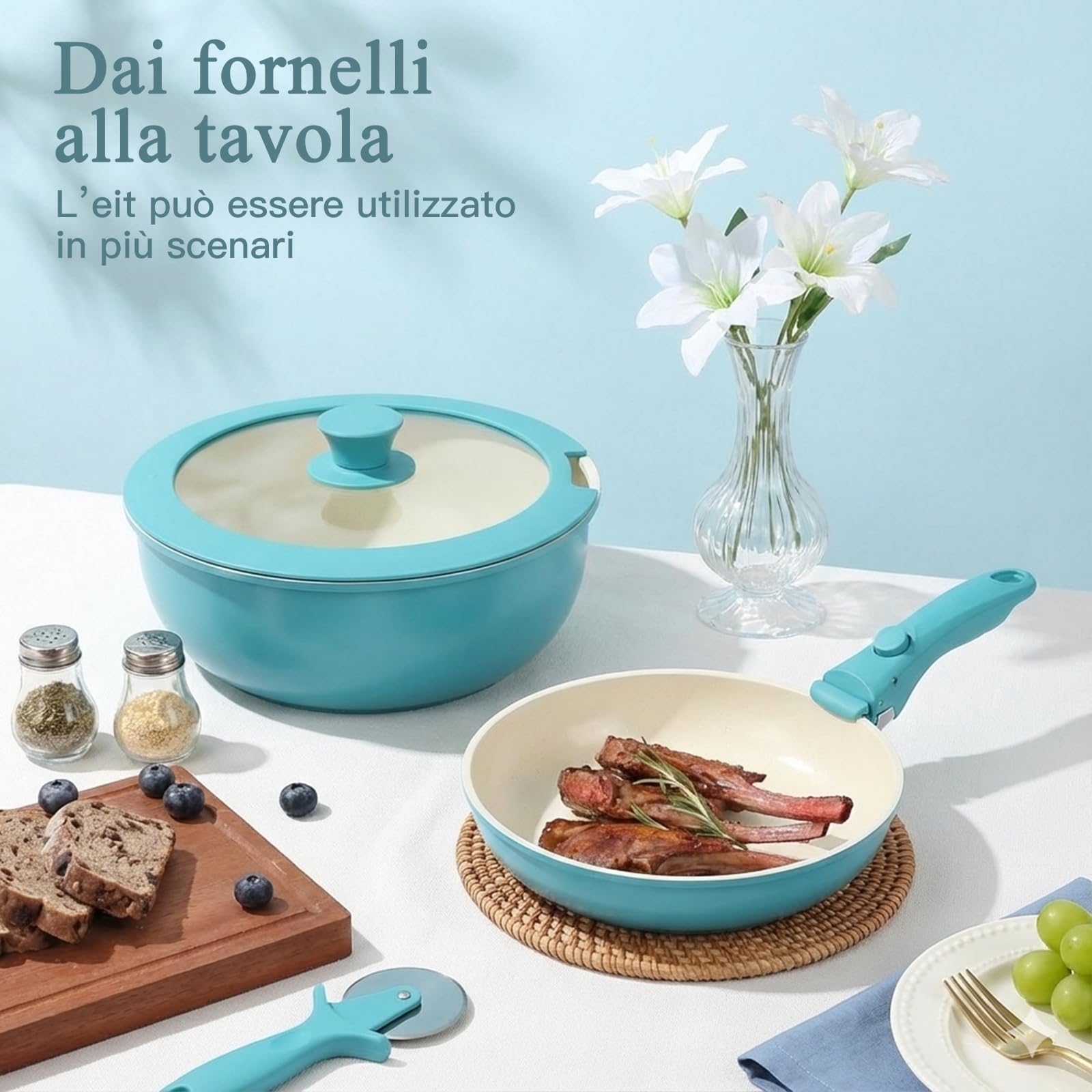 GiPP 11 Pezzi Set Di Padelle Con Rivestimento Ceramico Antiaderente, Set Di Padelle Con Manici Staccabili, Atossiche Compatibili Con Induzione, Forno E Lavastoviglie, Blu Gradiente