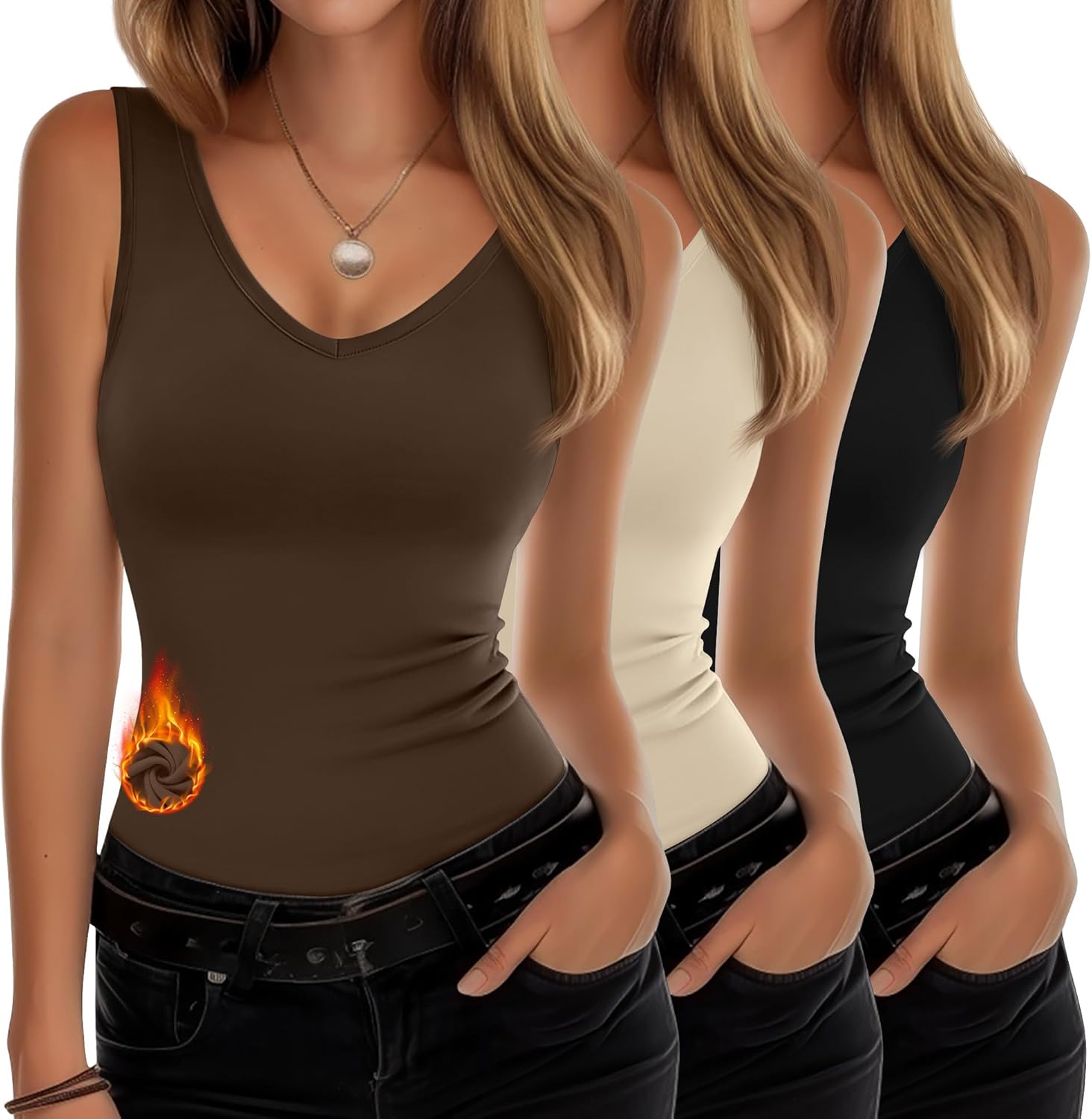 3 Pcs Women's Thermal Tank Tops V Neck Underwear Fleece Lined Sleeveless Undershirt...