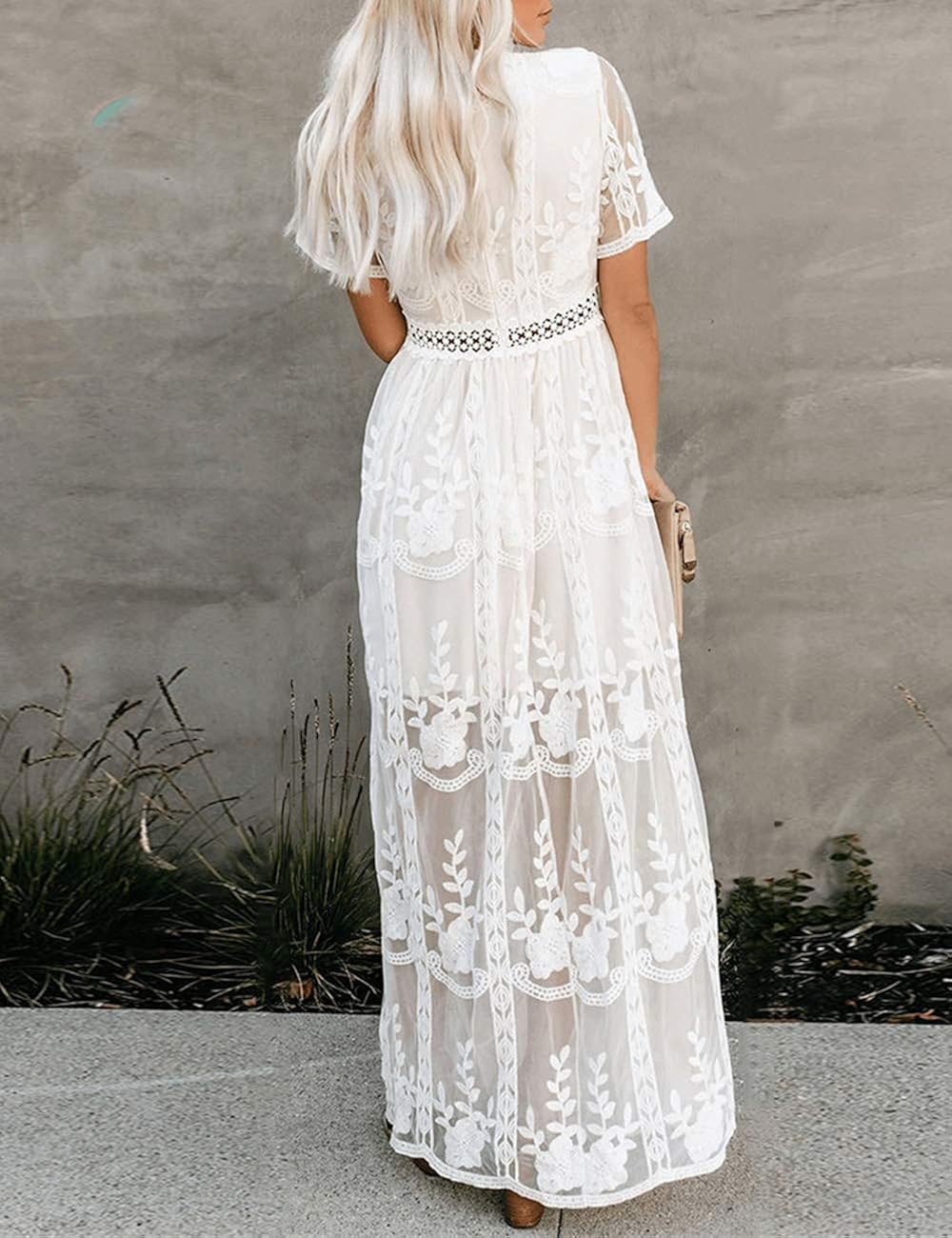 Women's deep v neck short sleeve floral lace bridesmaid maxi dress party gown Clearance