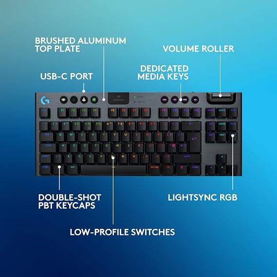 Logitech G G915 X Lightspeed TKL Low-Profile Wireless Gaming Keyboard, Double-Shot PBT Keycaps, Fully Programmable Keys, RGB Backlighting, GL Brown Tactile - PC/Mac, QWERTY UK Layout - Black