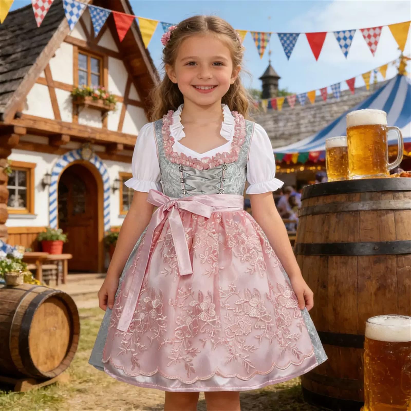 Dirndl Mädchen Outfit Midi Trachtenkleid 3TLG inkl.Kinderdirndl Dirndlbluse