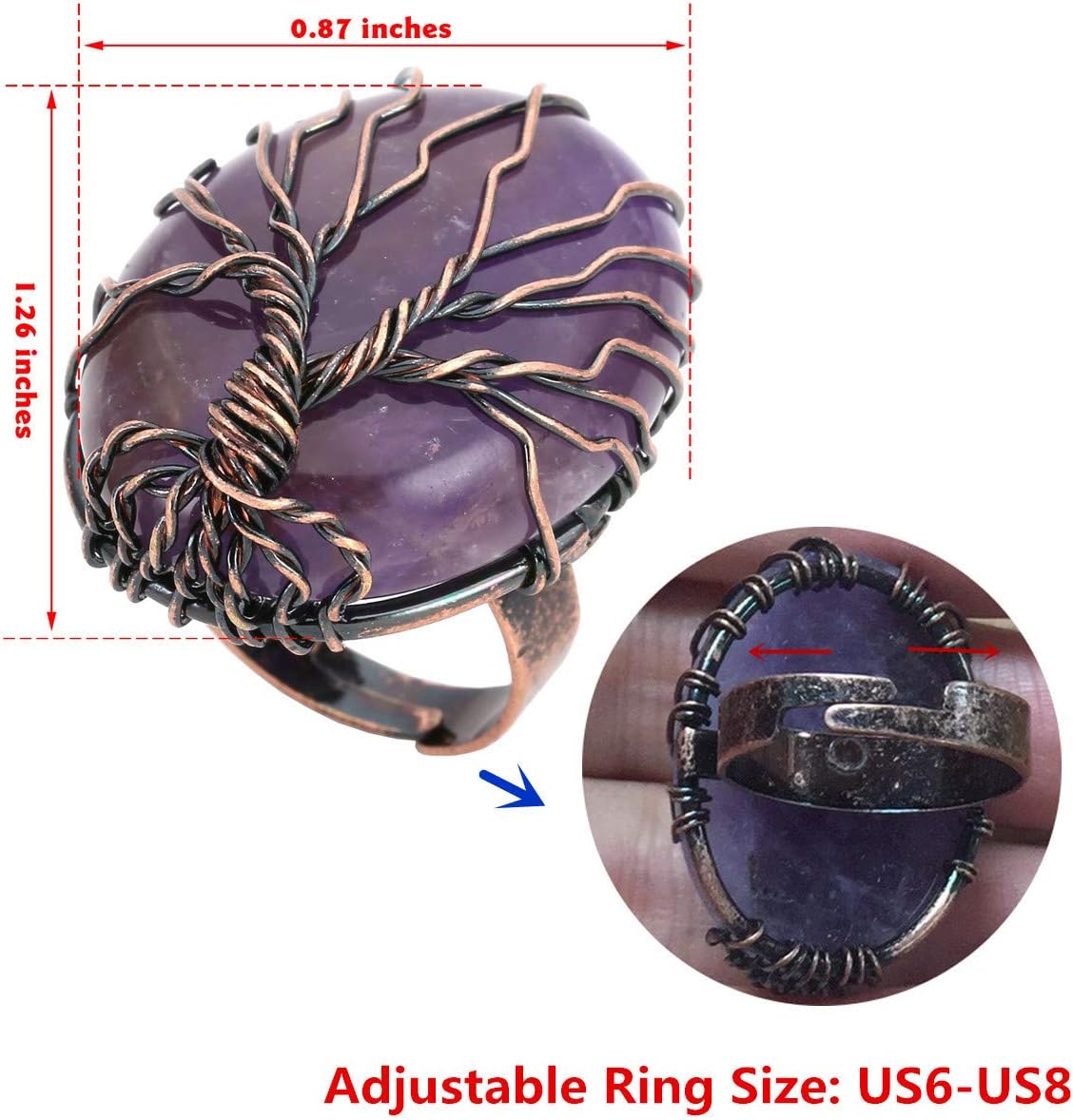 Top Plaza Handmade Retro Vintage Copper Wire Wrapped Life Tree Oval Gemstone Healing Crystal Adjustable Ring Bronze Band Size 6 7 8