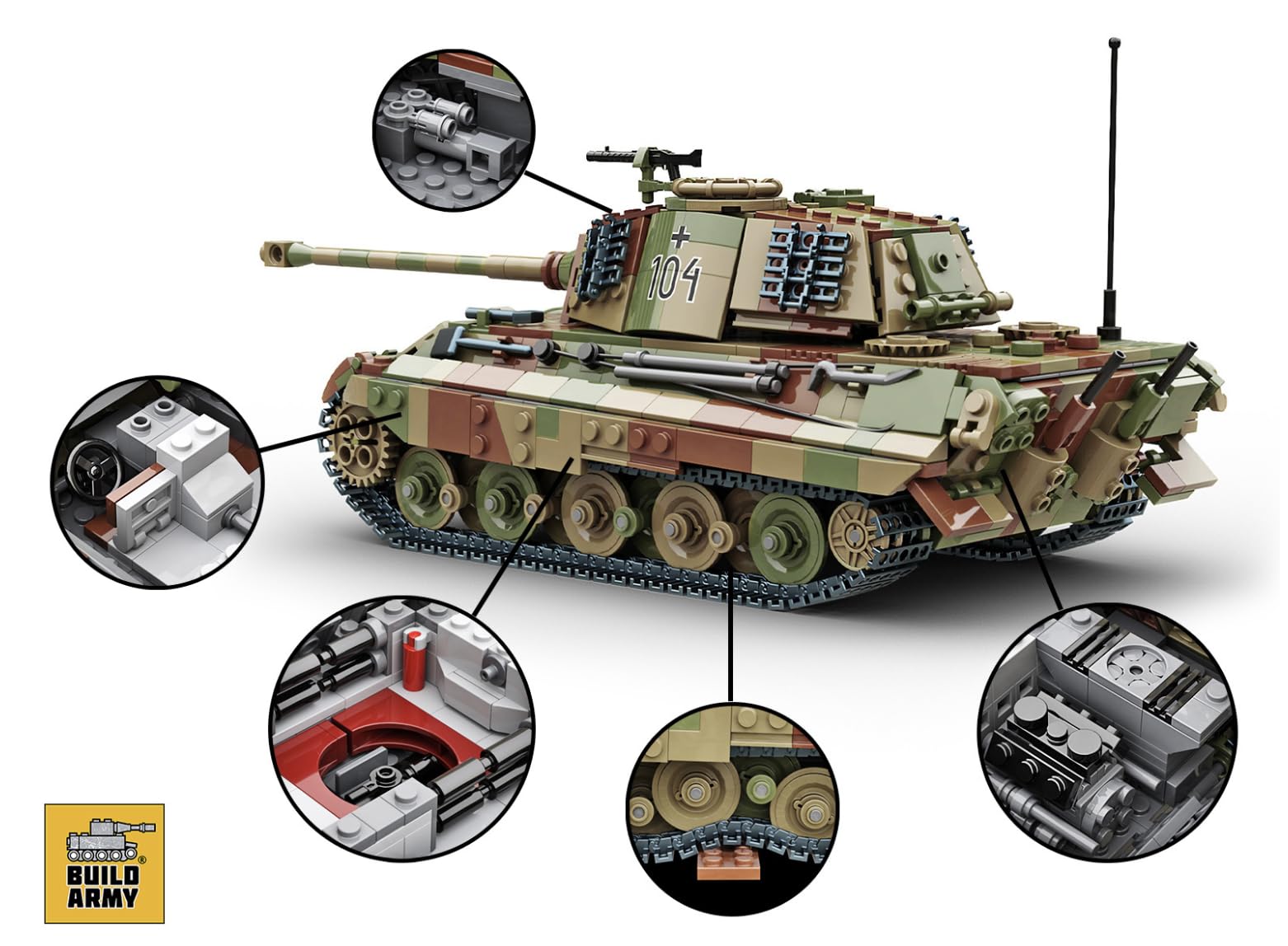 Buildarmy King Tiger II (Tiger II) WW2 Niemiecki Model Czołgu Wojskowego, Zestaw Klocków do Budowy w Kamuflażu, Kolekcjonerskie Klocki do Budowy Armii dla Dorosłych, 1145 sztuk Model do Prezentu i
