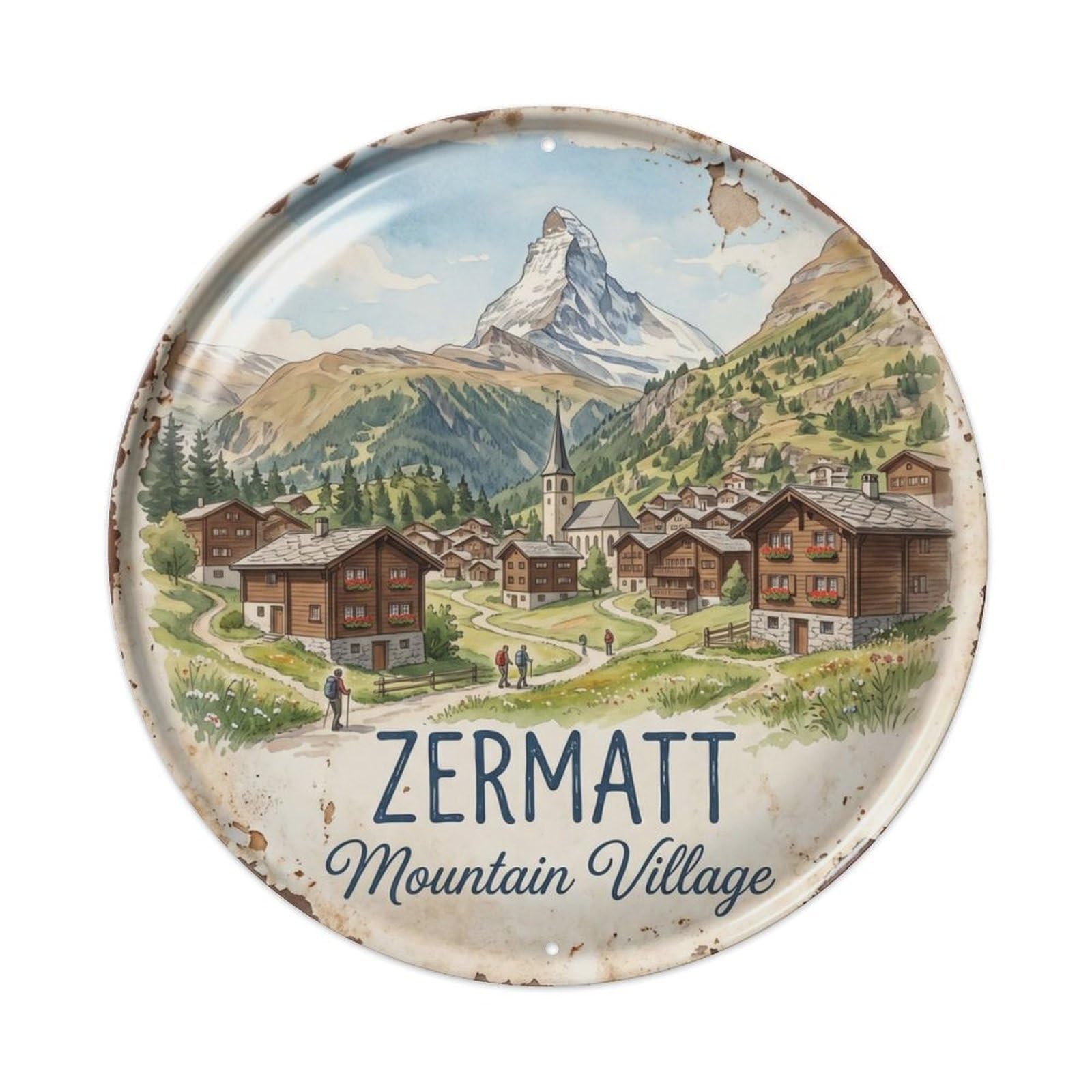 Vintage Travel Zermatt Village Switzerland Metal Tin Sign Plaque Wall Decor for Cafe, Club Bar, Office, Home Garden Round Metal Poster 8x8Inch
