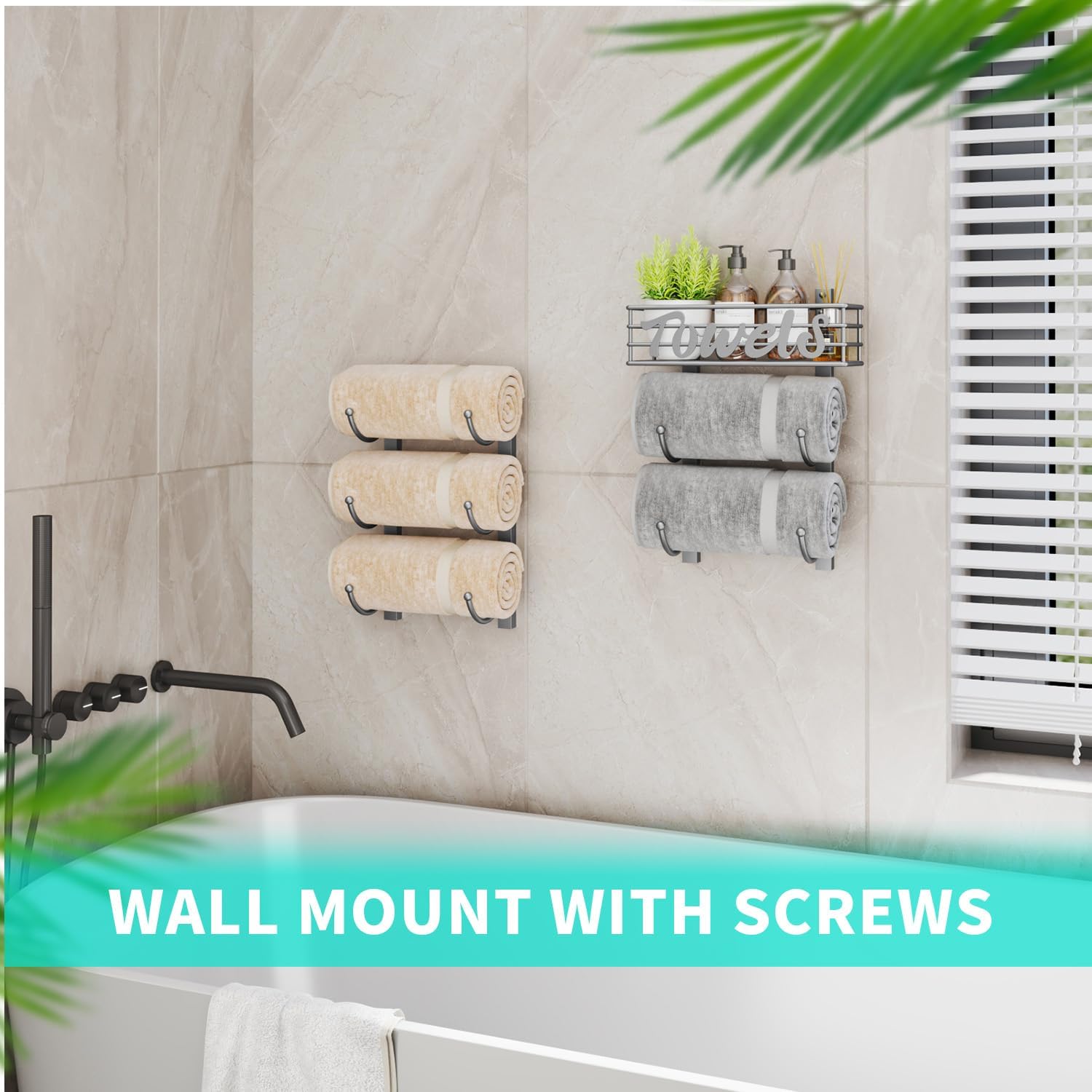 HapiRm Towel Racks for Bathroom Storage - 6 Tier Over The Door & Wall Mount Rolled Towel Storage Organizer Holder with Metal Shelf Basket for Small Bathroom, Camper, Rv - Sliver, Patented