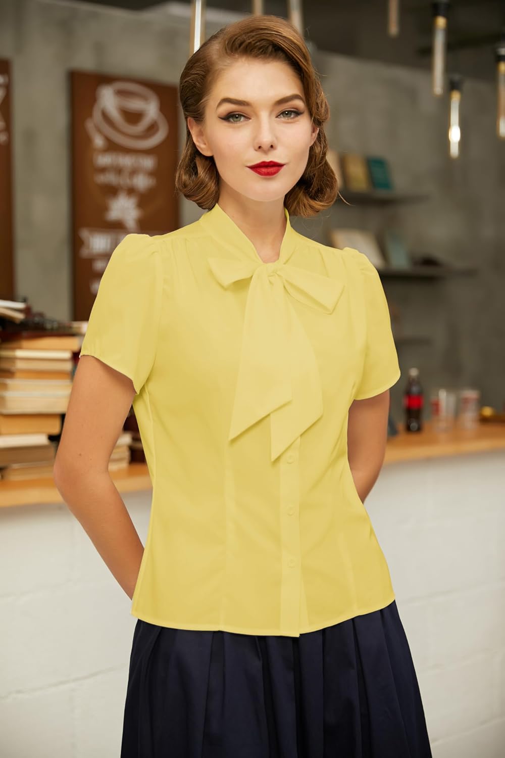 Belle Poque Summer Short Sleeve Office Button Down Blouse Stripe Shirt Tops with Bow Tie BP573 - Image 5