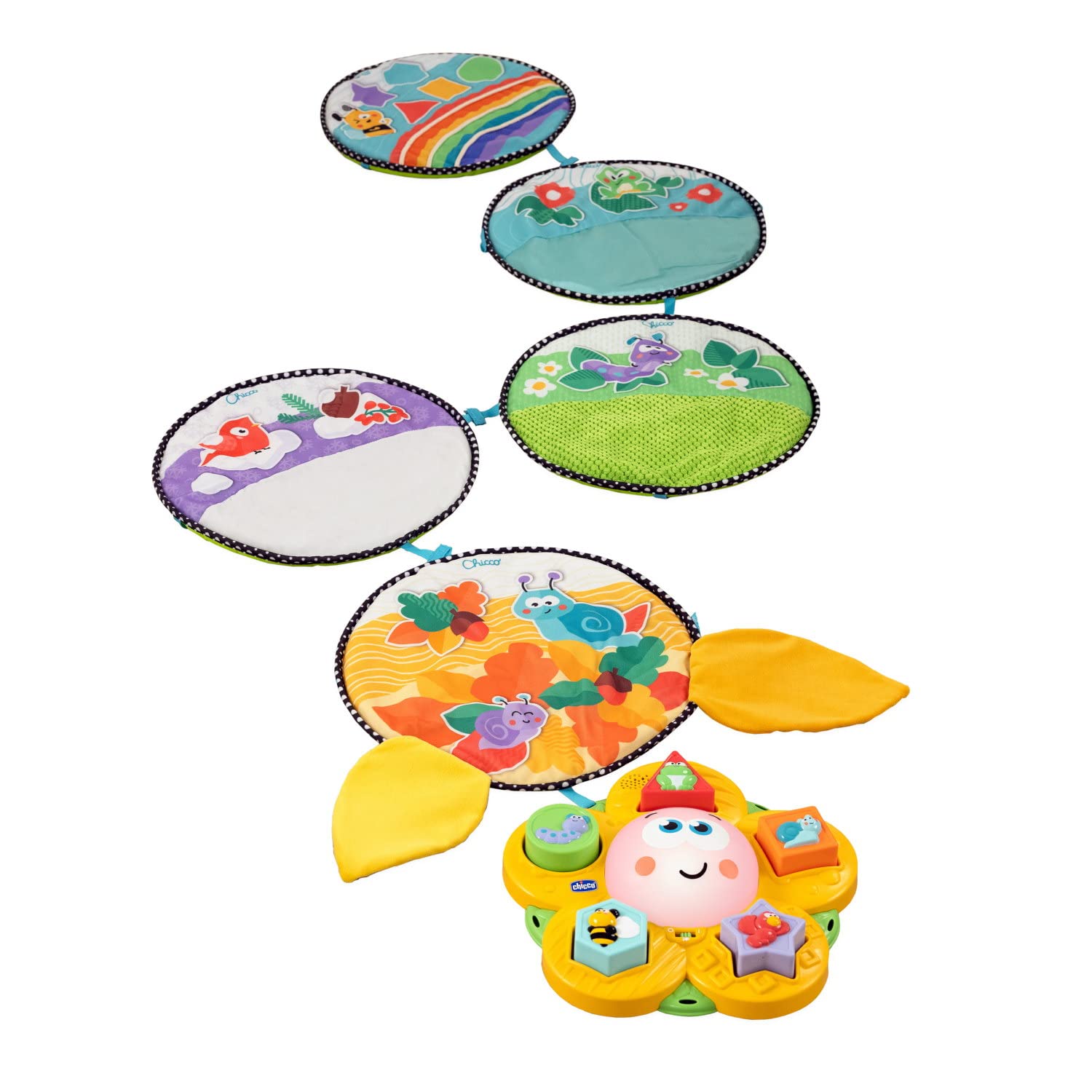Chicco 4 Estaciones, Alfombra de Juegos Bebé, Tapete Multisensorial Electrónico y Formas con 5 Discos Blandos y Flor Central con Luz y Sonido – Juguetes Bebé 9+ Meses, New Version