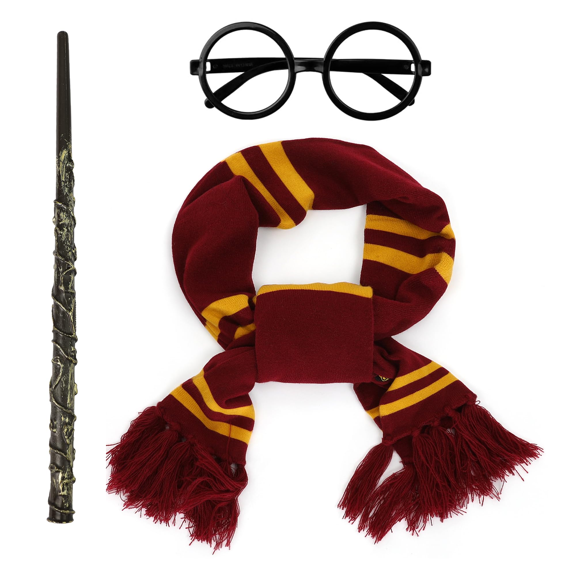 Webeasy Wizard Striped Scarf Knit, Wizard Glasses with Round Frame No Lenses, Wizard Wand for Halloween Party