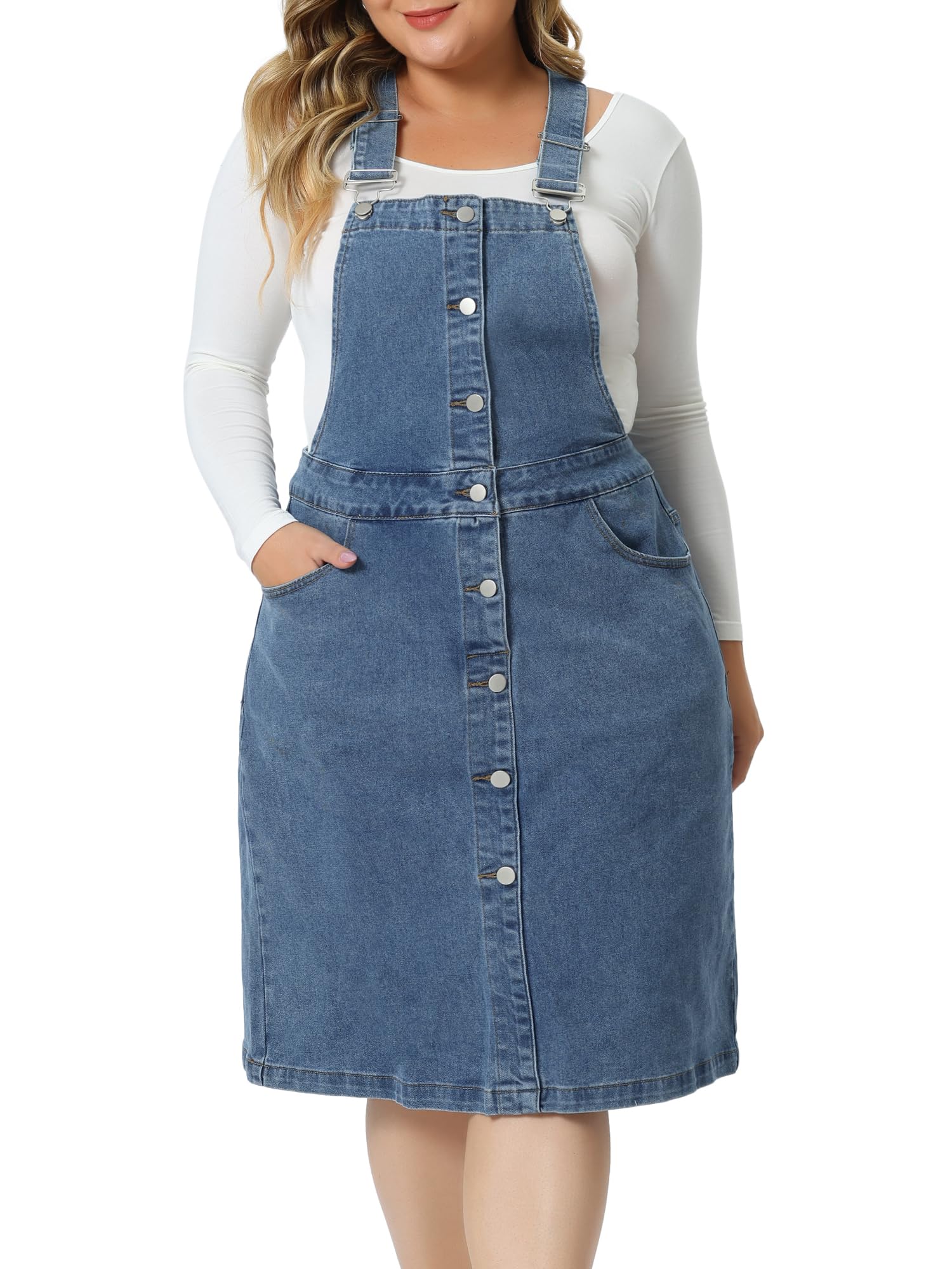 Agnes Orinda Plus Size Denim Overall Dress for Women Button Front Adjustable Strap Suspender Skirt