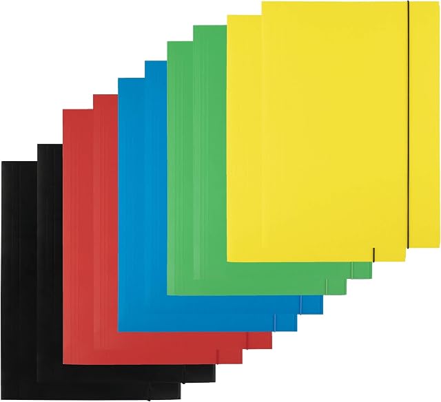 D.RECT | Folders for Paperwork | Cardboard Files | Folders with Elastic Band | Document Organiser | Folder for School - Office - Home | Pack of 10 Pieces ( 5 x 2 ) | 3 Flaps | Size: A4 | Colour: Mix