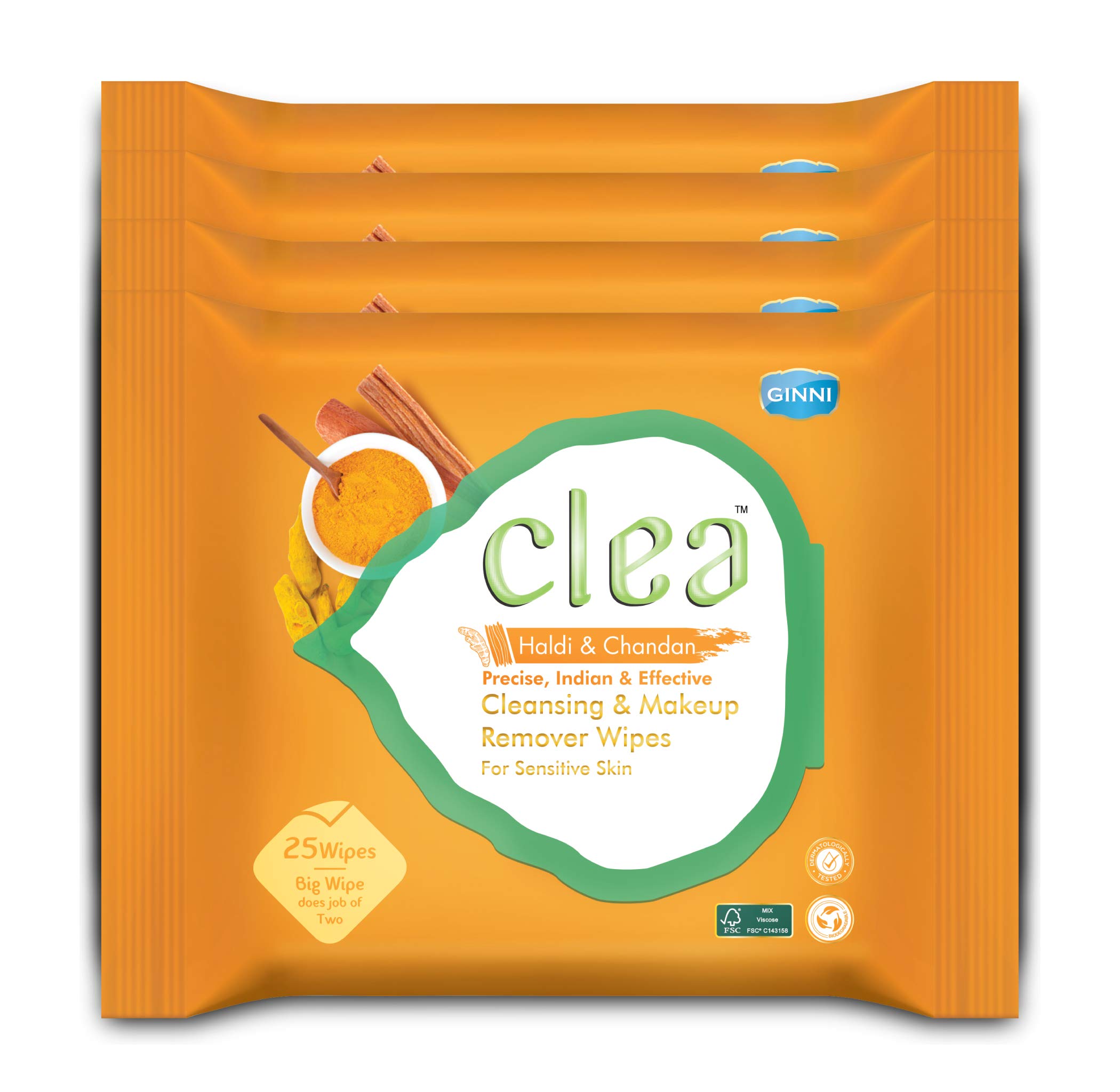 Clea Haldi & Chandan Cleansing Makeup Remover Wet Wipes for Sensitive Skin - Soothes Redness, Anti-Inflammatory, Gentle Makeup Removal - Pack of 4 (25 Wipes Each Pack, Big Wipe Size:- 200mm x 200mm)-image-34
