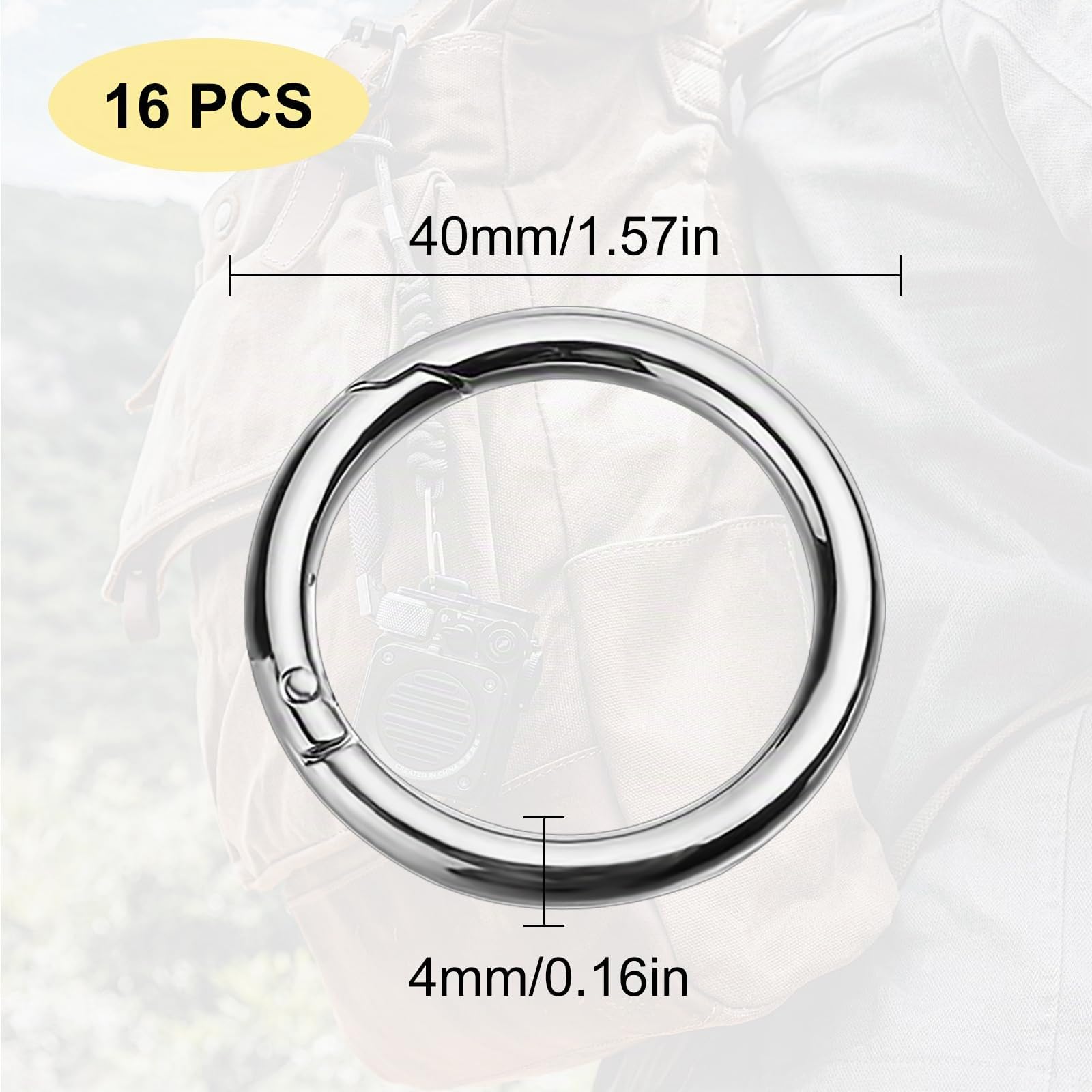 Lot de 16 mousquetons ronds, mousqueton en alliage de zinc de 40 mm, grands anneaux fendus à ressort, porte-clés, anneau torique pour porte-clés, sac, sac à main, loisirs créatifs, argent