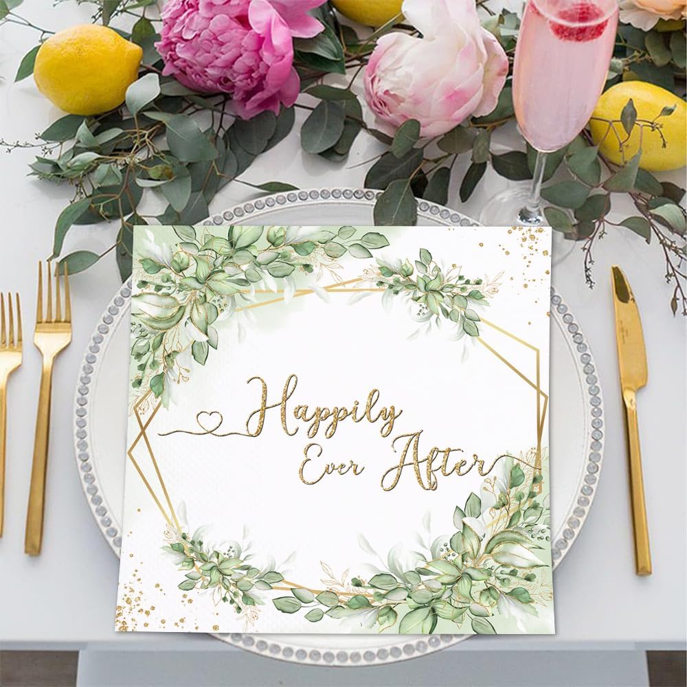 80Pcs Happily Ever After Bridal Shower Paper Napkins Sage Green Wedding Shower Disposable Napkin Greenery Leaves Printed Decorative Napkins Party Supplies Table Decor
