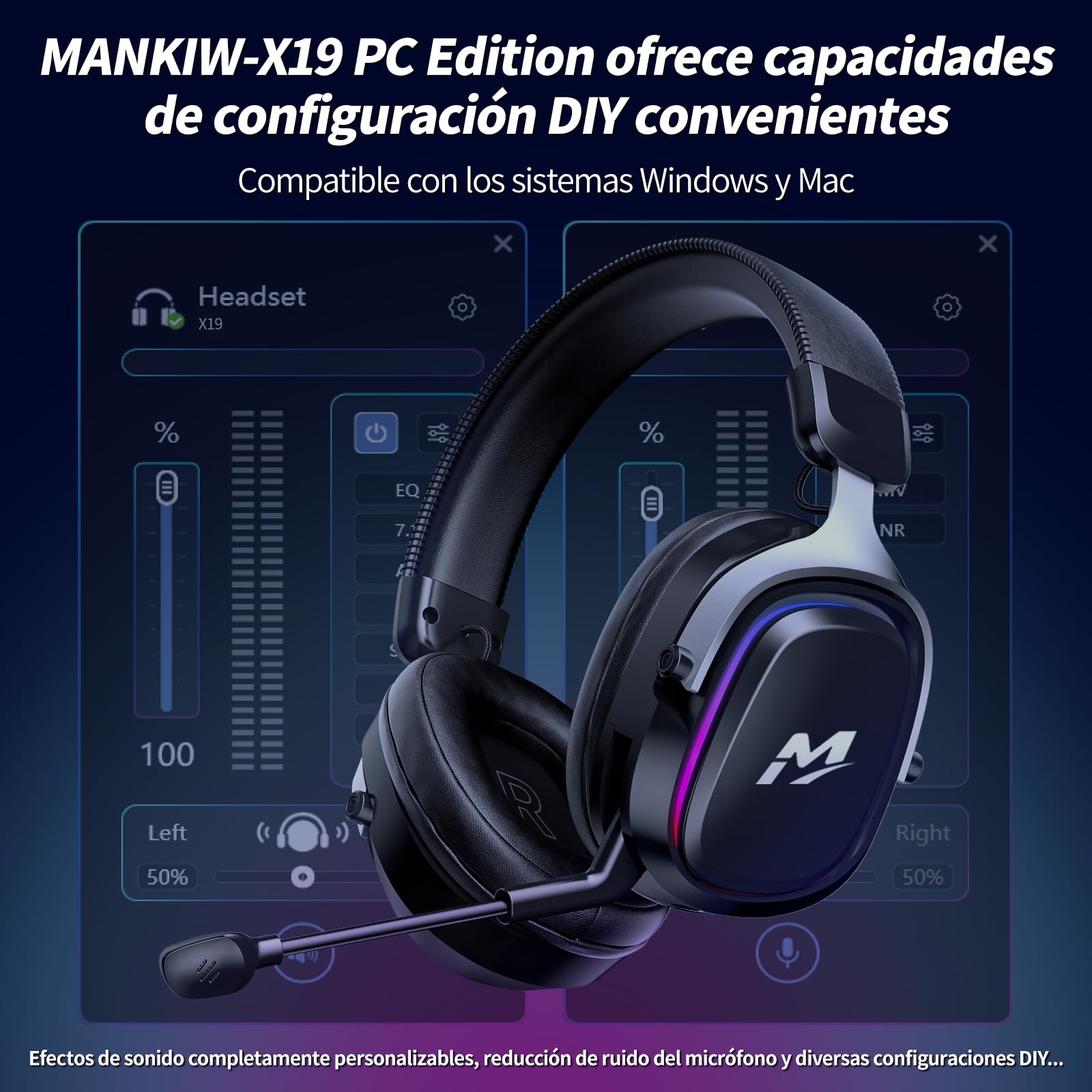 MANKIW Cascos Gaming Inalámbricos para PS5/PS4/PC/Switch, 2.4G & Bluetooth 6.0, Cascos Inalámbricos Gaming con Sonido Surround 7.1, Micrófono con Cancelación de Ruido, RGB, 60+ Horas, Drivers de 50 mm