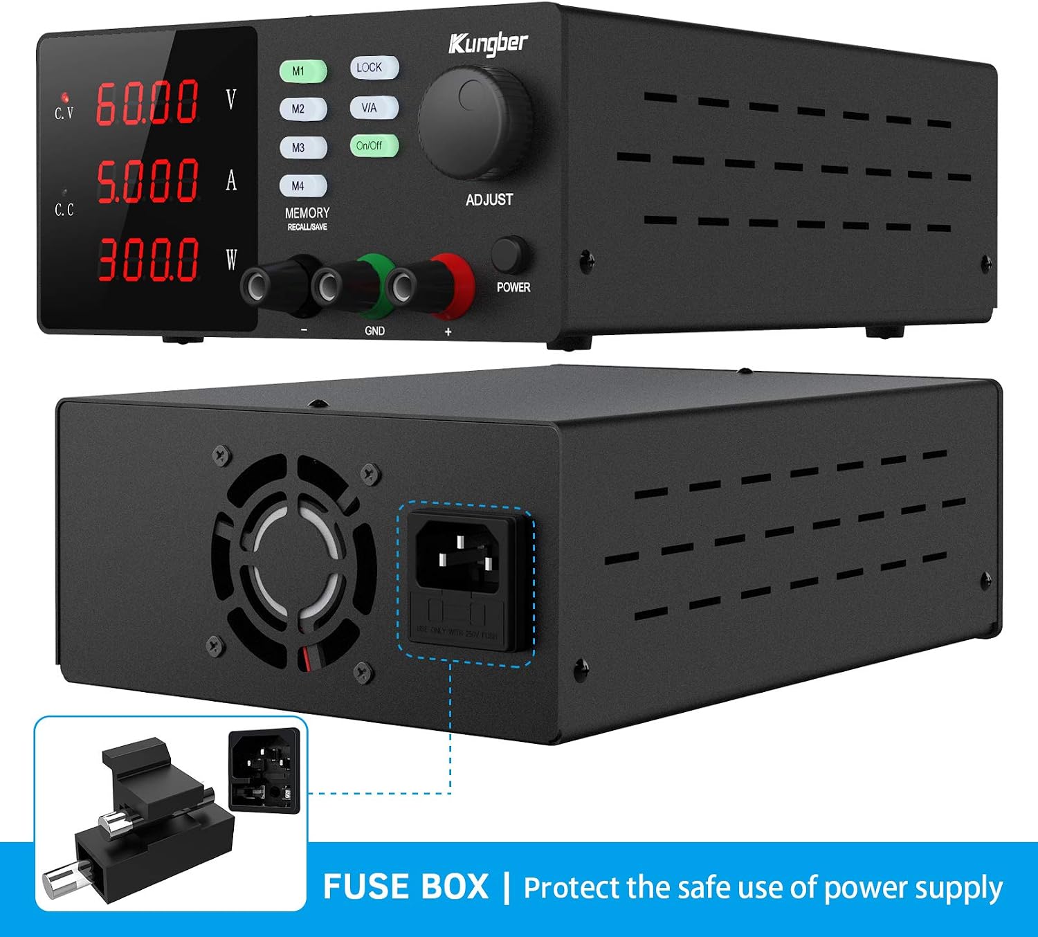 Kungber DC Power Supply Variable with Memory, 60V 5A Adjustable Switching Regulated DC Bench Linear Power Supply with Memory Recall and Output Disable Button 4 Digits Display and Alligator Leads