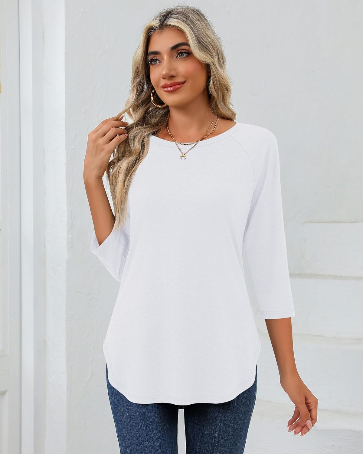Ficerd 3 Pack 3/4 Sleeve Tops for Women Crew Neck Raglan Sleeve Basics Tees Loose Fit Casual Top Curved Hem Tunic T Shirt - Image 6