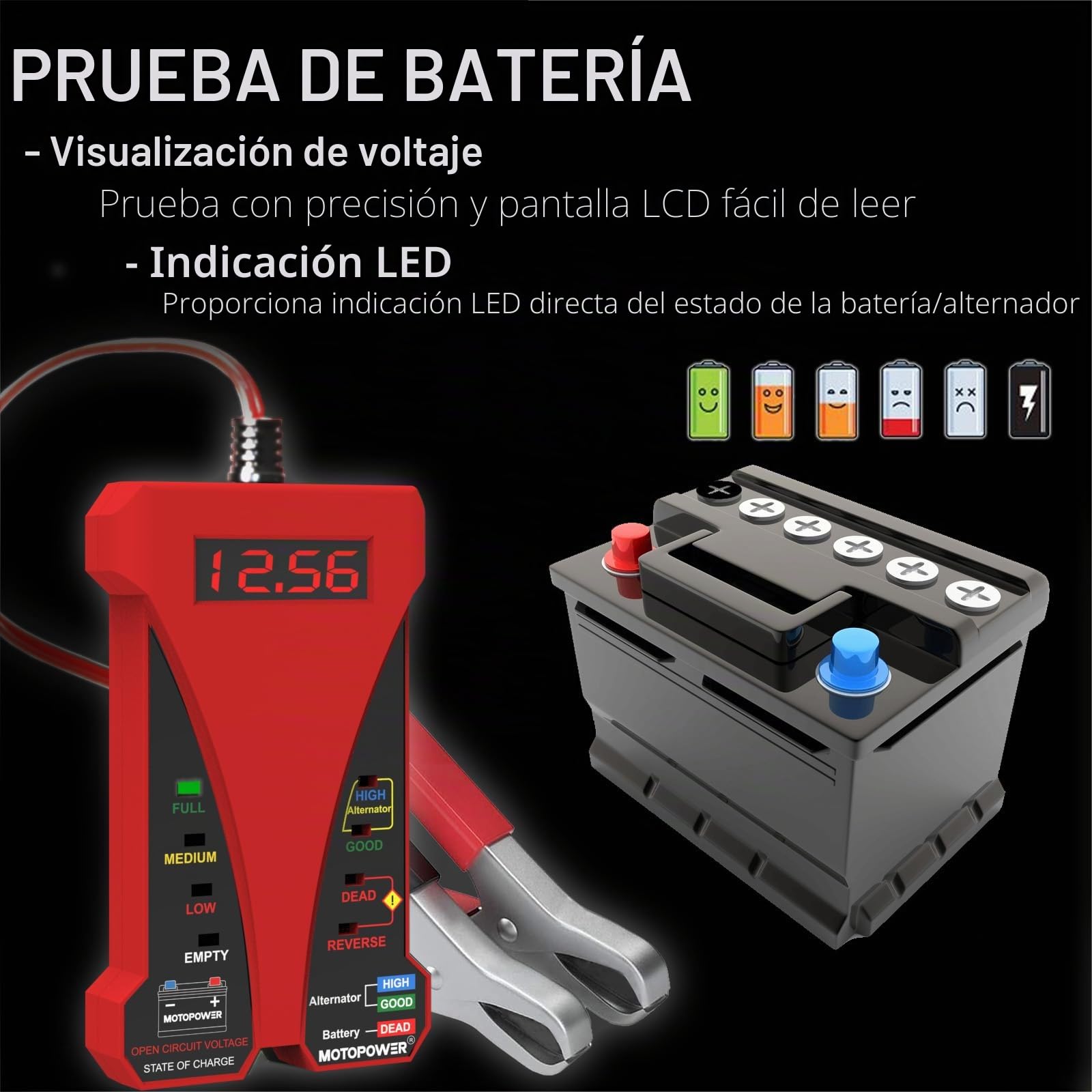 MOTOPOWER 12V Comprobador Digital de batería con voltímetro y Sistema de Carga alternador con Pantalla LCD e indicador LED (c) - Rojo)
