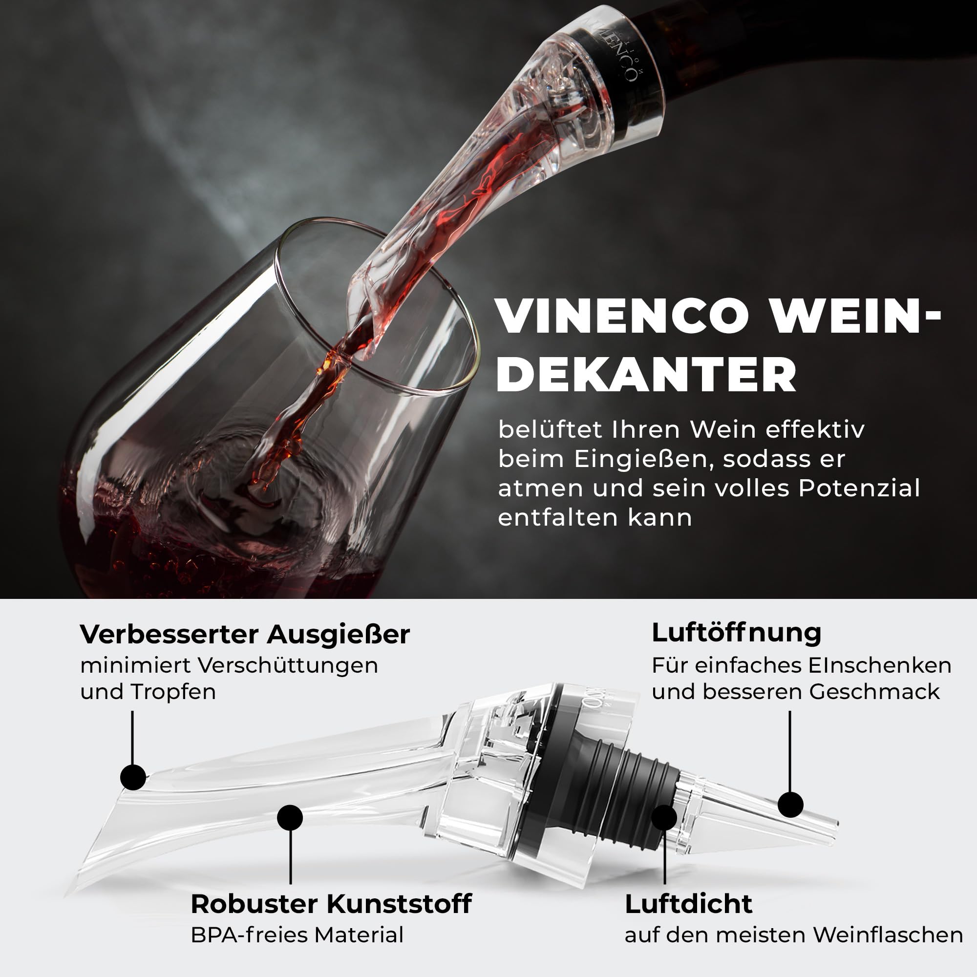 Dekantierausgießer mit Belüfter & Vakuum-Weinpumpe - Tropffreier Wein Dekanter Flaschenausgießer, glasweise Belüftung