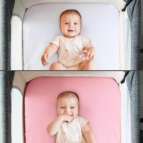 Miniatura 5 de Juego de 4 sábanas para moisés para bebé SNOO Smart Sleeper y Chicco LullaGo Anywhere portátil, ultra suaves y agradables al tacto, rosa y blanco