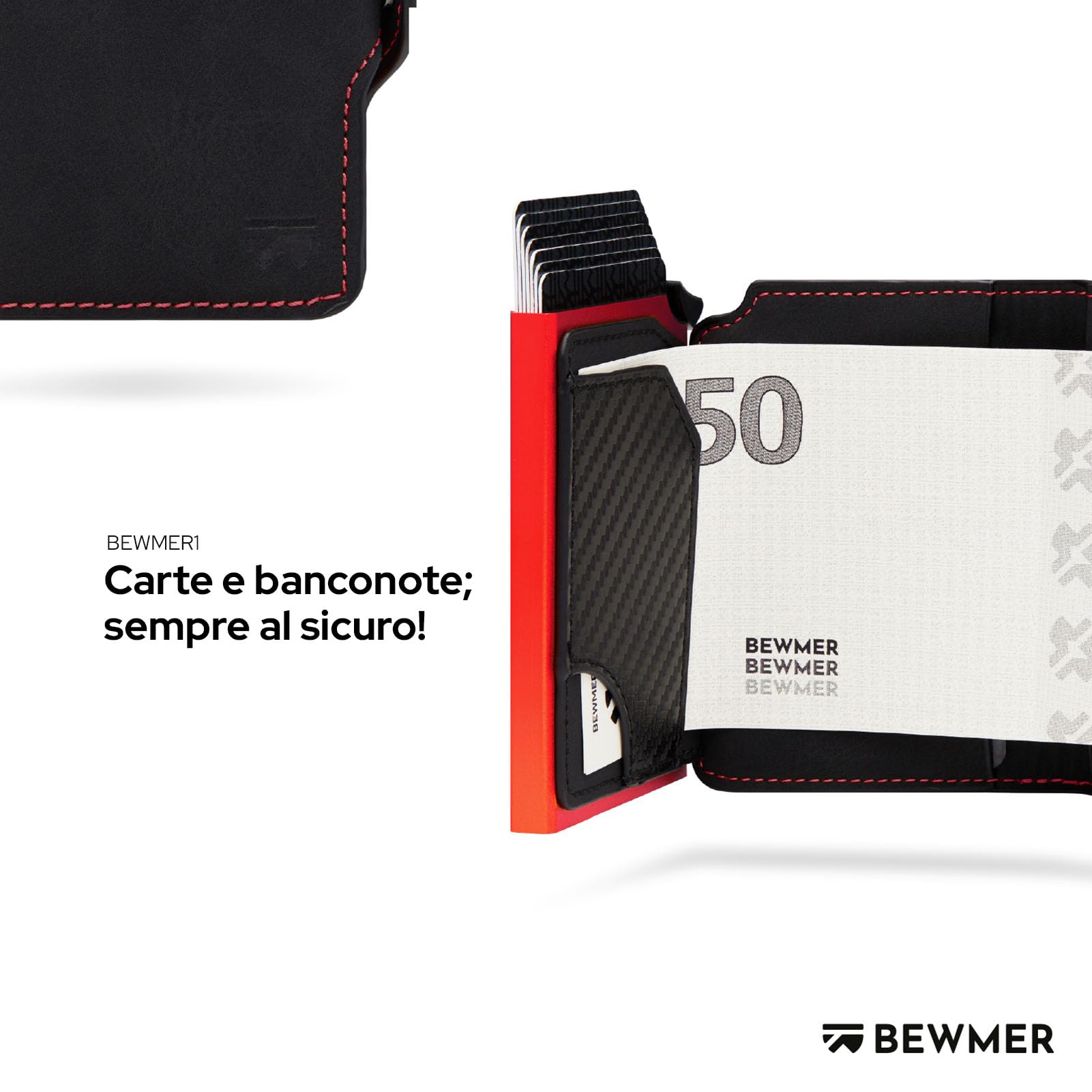 BEWMER Porta Carte di Credito 1 Schermato | Portafoglio Slim da Uomo e Donna | Porta Tessere e Documenti con Rfid Protection e Fermasoldi in Carbon Fiber (Nero e Rosso Senza ZIP)