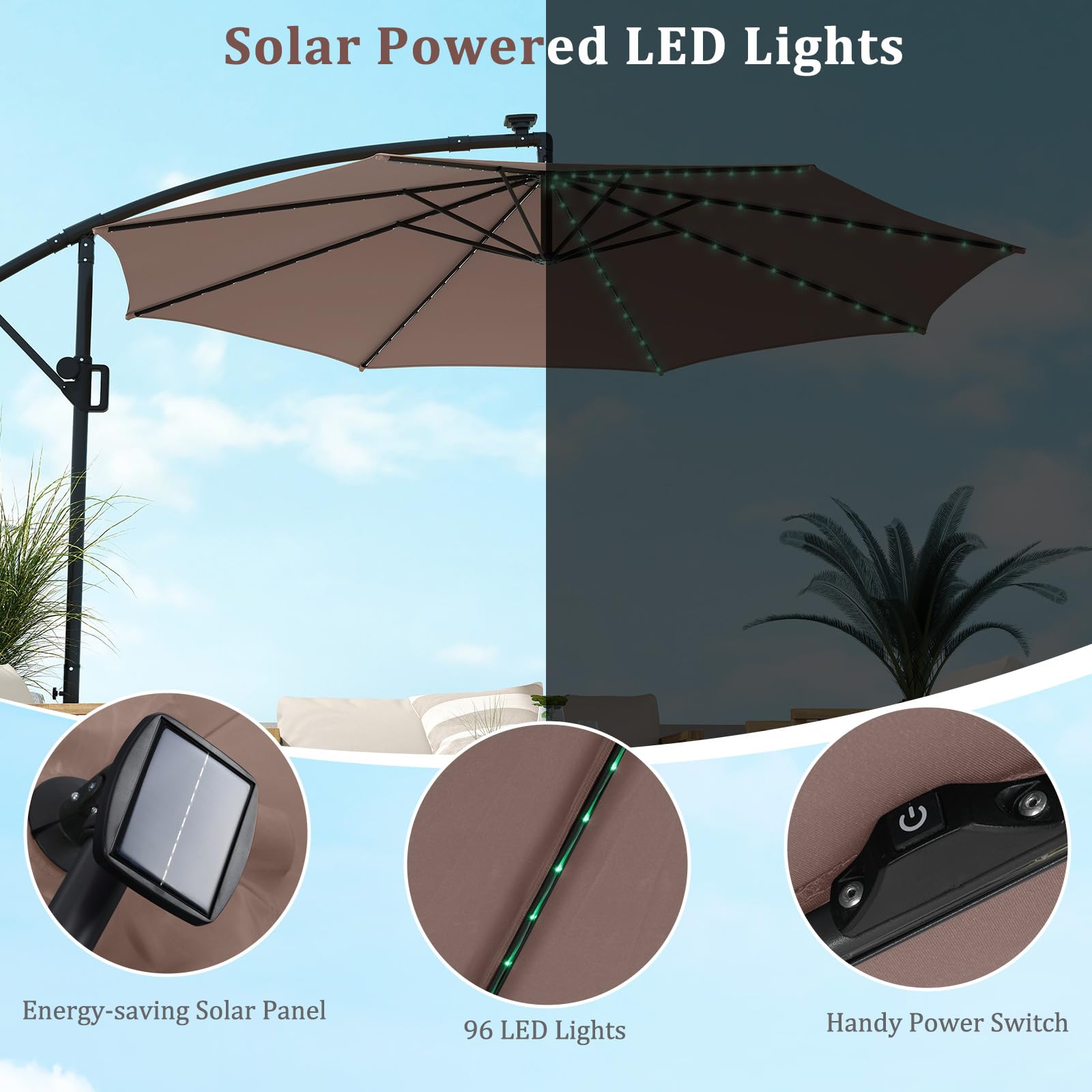 RELAX4LIFE Parasol Déporté 3x3M LED Solaire 96 Lumières 7 Modes (Marron)