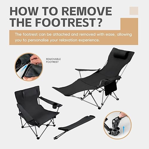 Miniatura 5 de Silla de camping reclinable con reposapiés extraíble, silla de playa ajustable con reposacabezas acolchado, portavasos y bolsa de transporte, silla