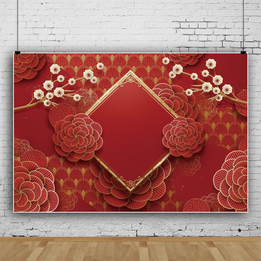 Chinese New Year Backdrop Asian Spring Festival Backdrop Celebration Theme Red Floral Plum Blossom Photography Backgrounds for New Year Eve Party