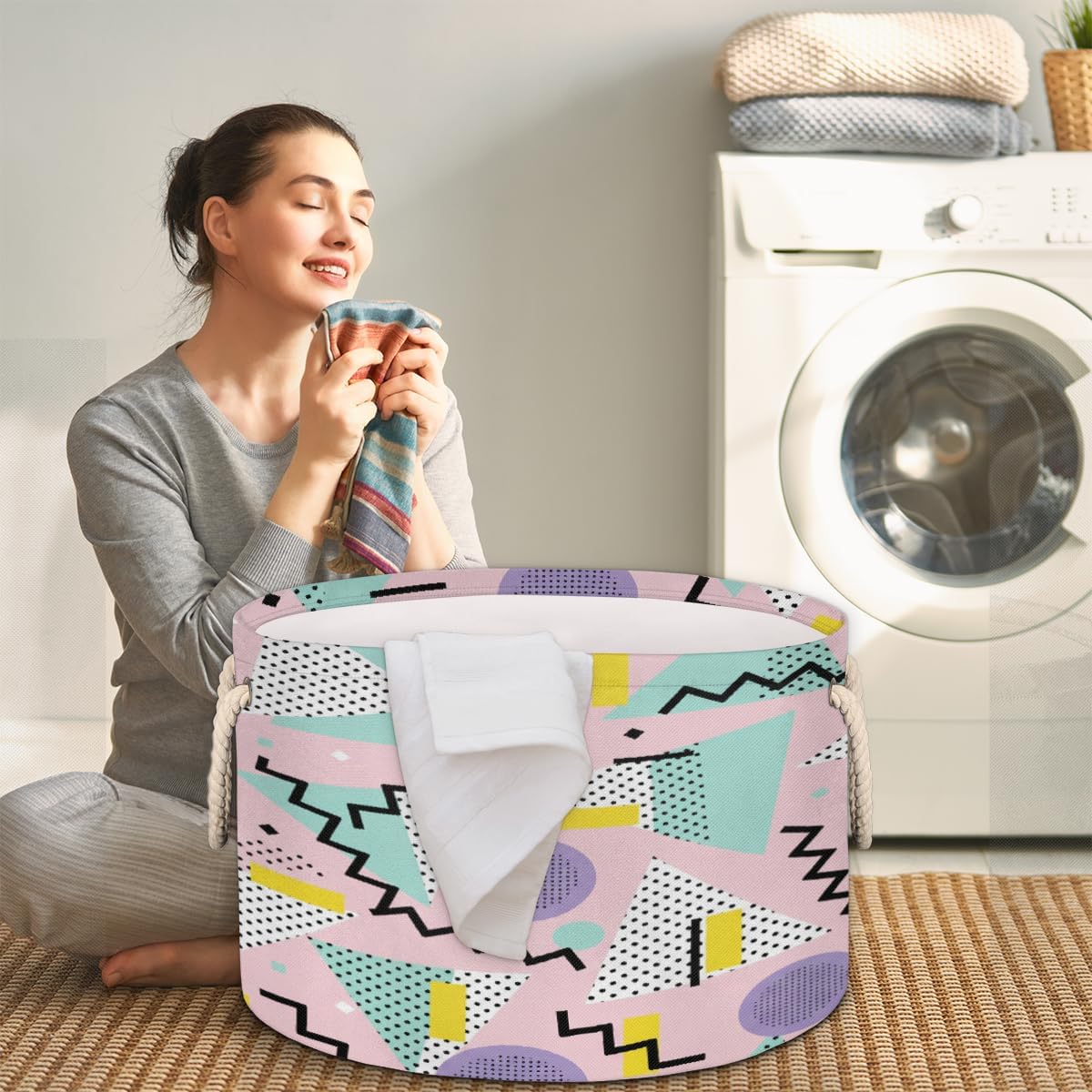 Large Storage Baskets - Retro 80s Nursery Round Collapsible Organizer Bin Box - Laundry Hamper for Kids Toys, Blanket, Bedroom Living Room Home Decor, Gift Basket, 19.4"x13.3"