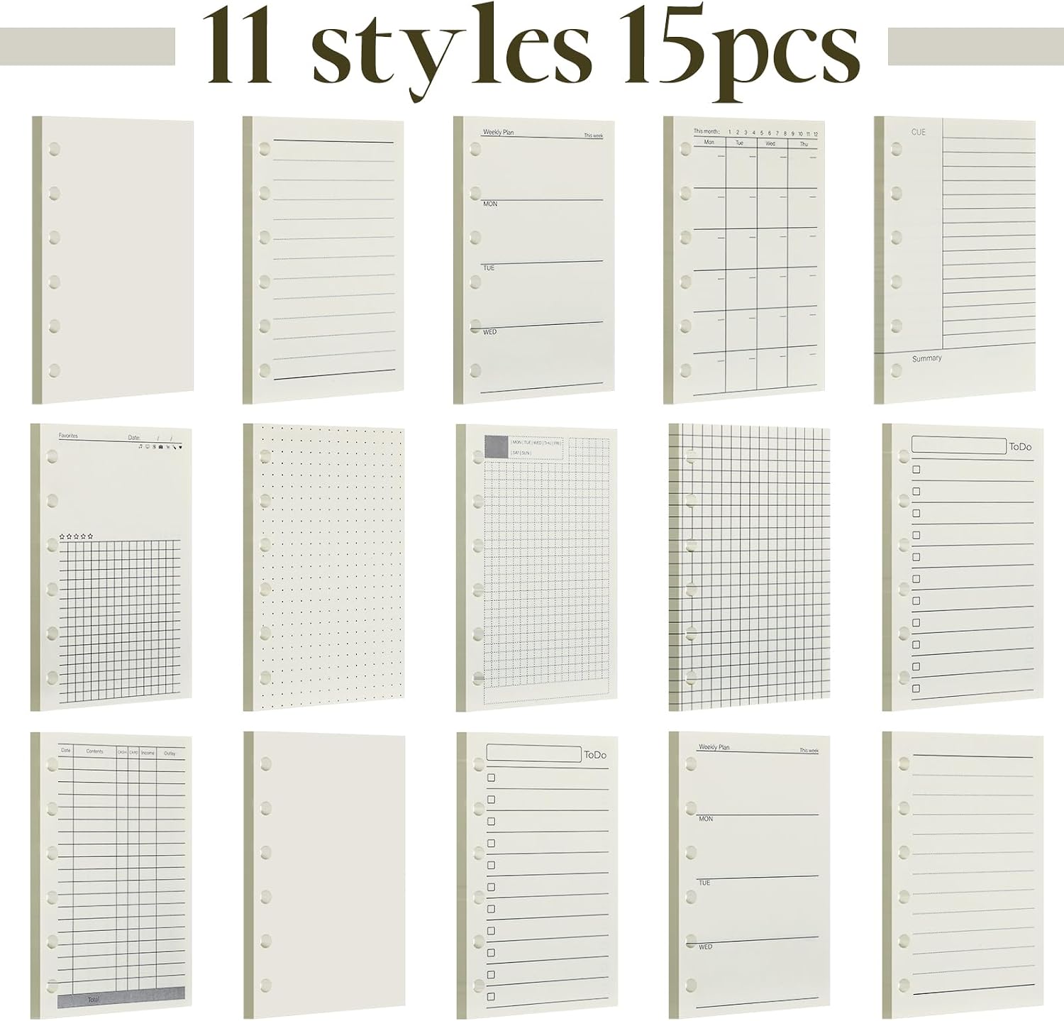 15 Pcs A7 Planner Inserts 6 Holes Refill Paper Pocket Binder image 3