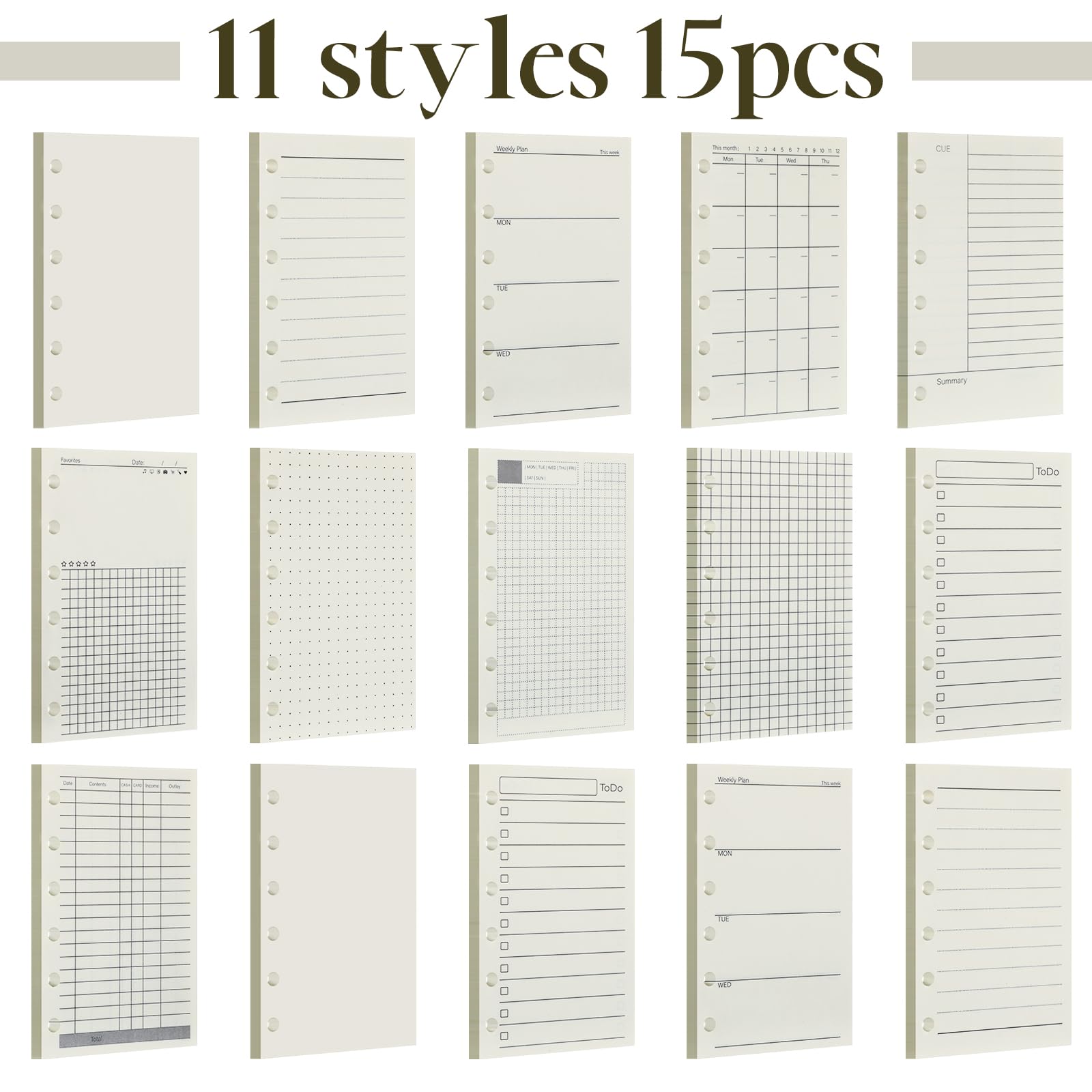 15 inserti A7 per agenda A7, ricarica per raccoglitori a 6 fori, 12,2 x 8,23 cm, tascabili, per raccoglitori giornalieri, settimanali e mensili, ricaricabili