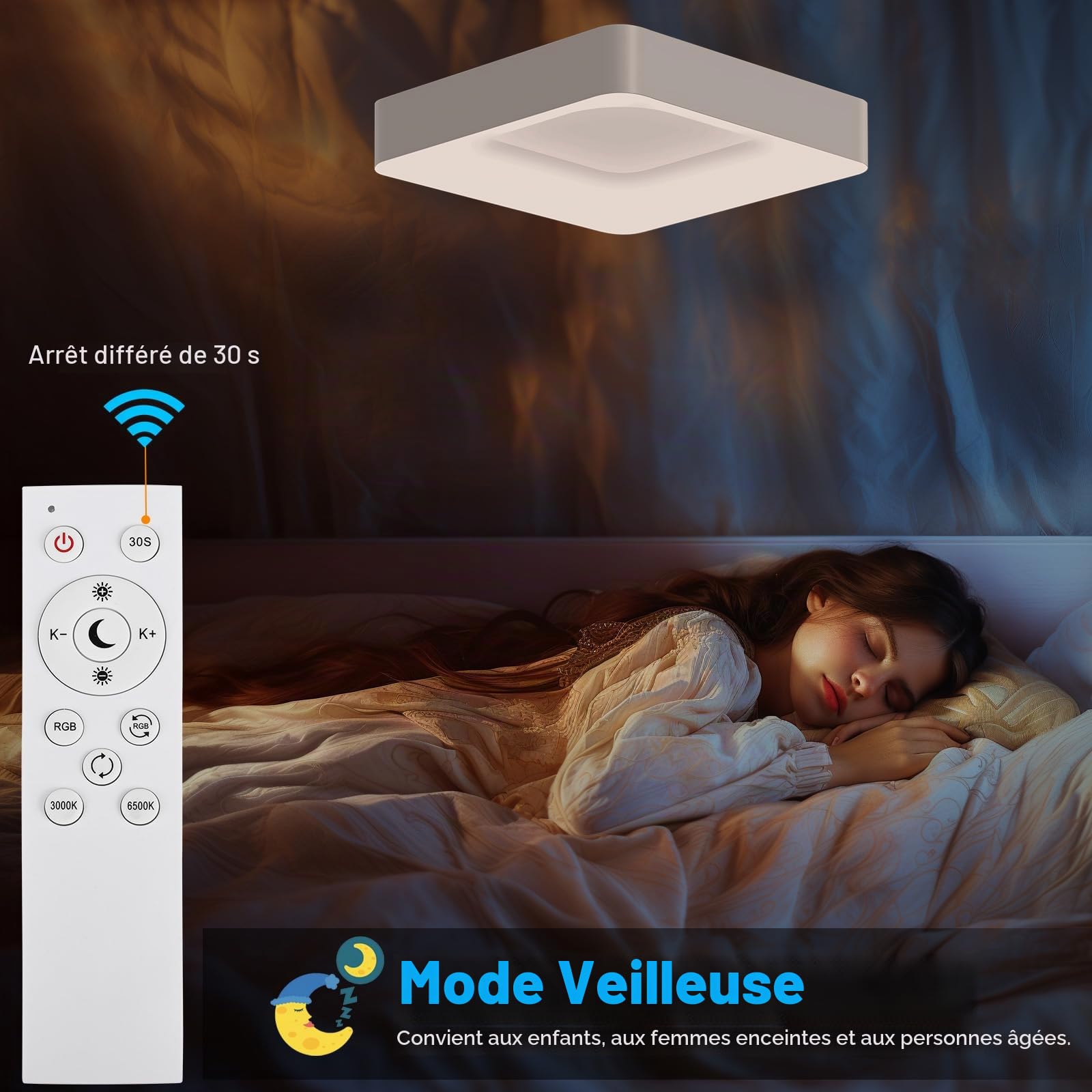 Plafonnier LED RGB 24W à intensité variable avec télécommande 2400 lm, LED plafond intensité variable 3000K-6500K, changement de couleur RGB, pour chambre d'enfant salon cuisine 28x28cm blanc