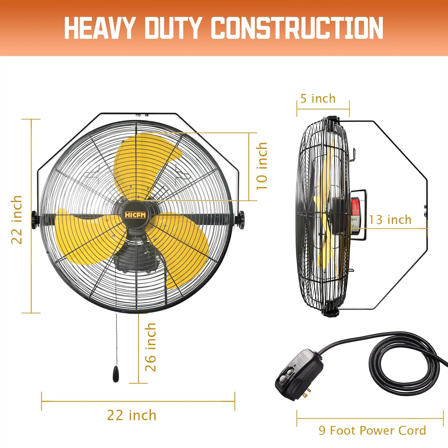 HiCFM 5100 CFM 20 inch Outdoor Wall Mount Fan, 3-Speed High Velocity Weatherproof Wall-mounted Fan with IP44 Sealed Motor and Manual GFCI Plug for Patios, Industrial, Garage and Gazebo - UL Listed