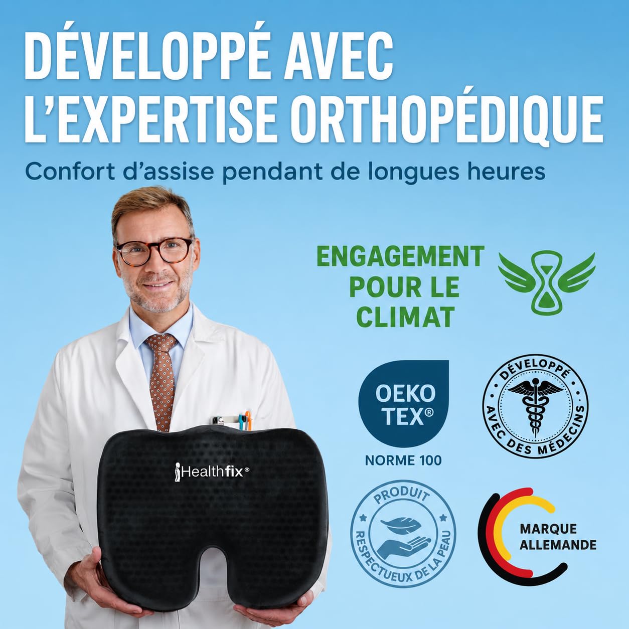 Healthfix Coussin orthopédique pour chaise de bureau, soulagement du coccyx, avec couche en nid d'abeille et housse en velours, coussin d'assise ergonomique pour bureau, voiture, maison, 45 x 36 x 7