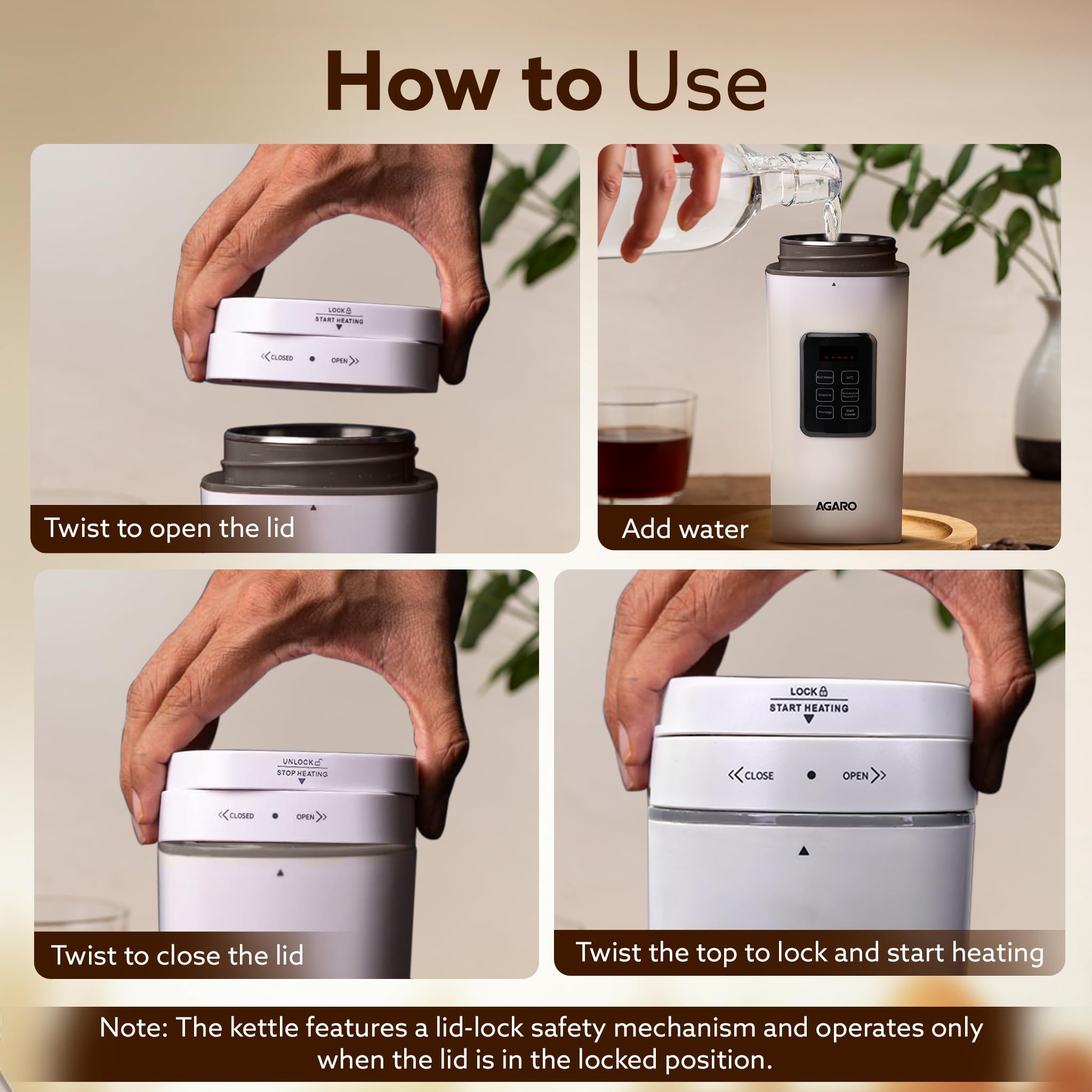 AGARO Delite Portable Electric Kettle, 500 Ml, Fast Boiling, Adjustable Temperature, Keep Warm, Dechlorination, Porridge, Double Layered Body, Travel Electric Kettle, Hot Water, White 3