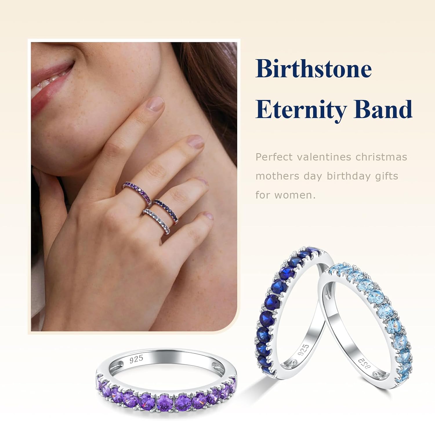 Bezel Set Birthstone Wedding Band 14K Gold Sterling Silver Stackable Half Eternity Band Rings 2.5mm Wide Ruby/Amethyst/Sapphire/Emerald Green/Aquamarine Ring for Women, Send Gift Box - Image 3