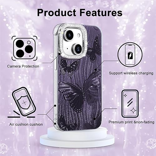 Miniatura 5 de I-MGAE-IN-AR - Funda compacta para iPhone 13 y iPhone 14 de 6.1 pulgadas, diseño de mariposa, protección de lente de diamante 3D, poliuretano