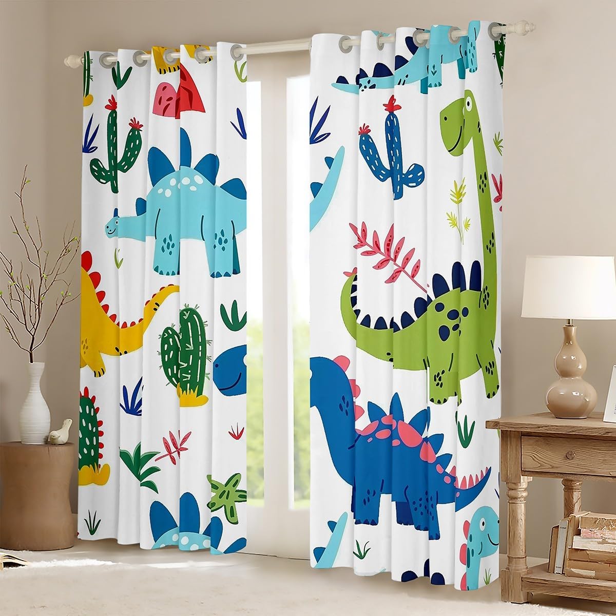 Cute Dinosaur Blackout Curtain Cartoon Dino Cactus Leaves Window Drapes, Ancient Wild Animals Theme Window Treatments, Kids Boys Room Decor, Grommet Top 2 Panel Set Bedroom Curtains, 38Wx45L inch
