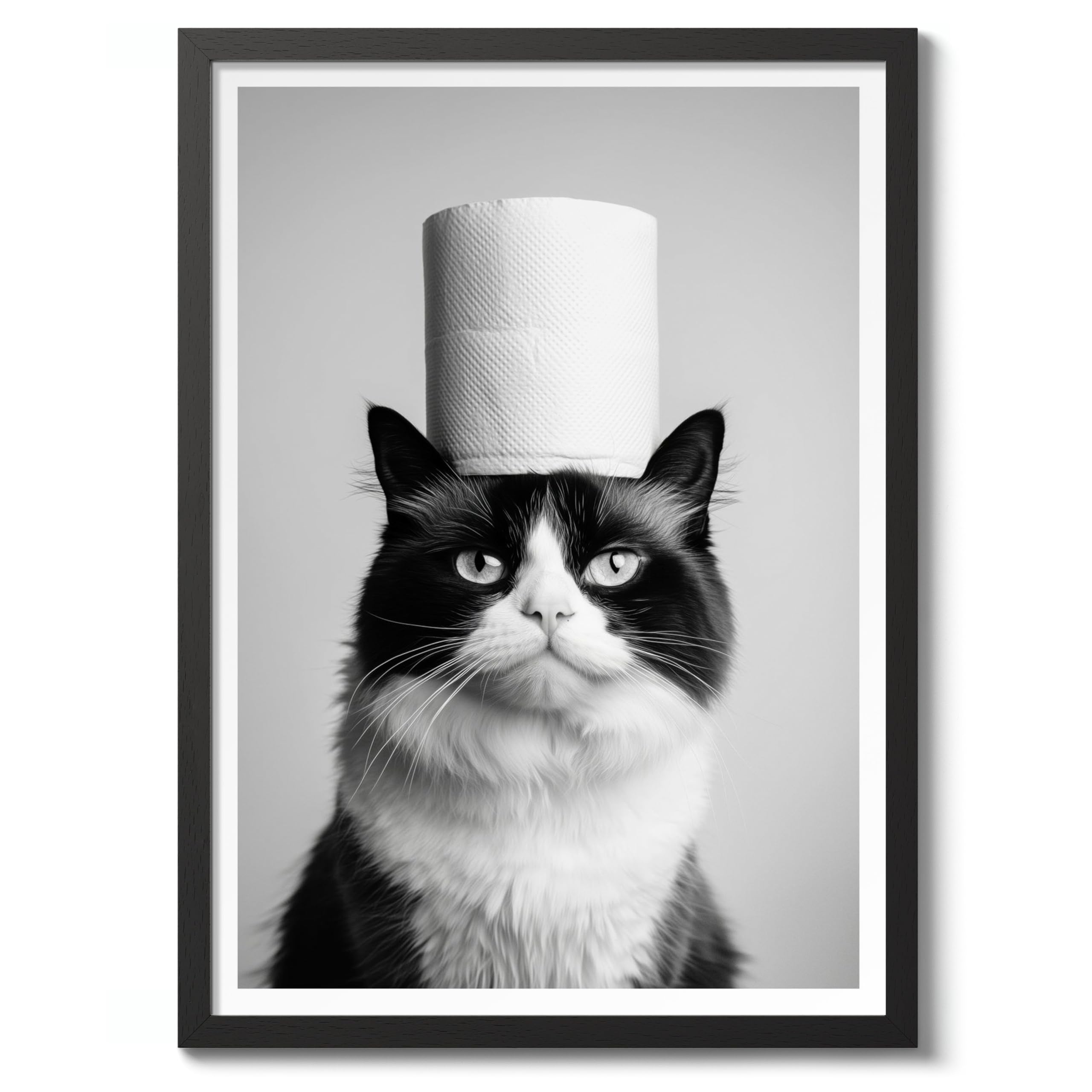 Cat Animal Toilet Poster, Funny Bathroom Wall Art Print Animals, Funny Wall Art Decor, A4 (Black Frame) - 32.7x24.1cm