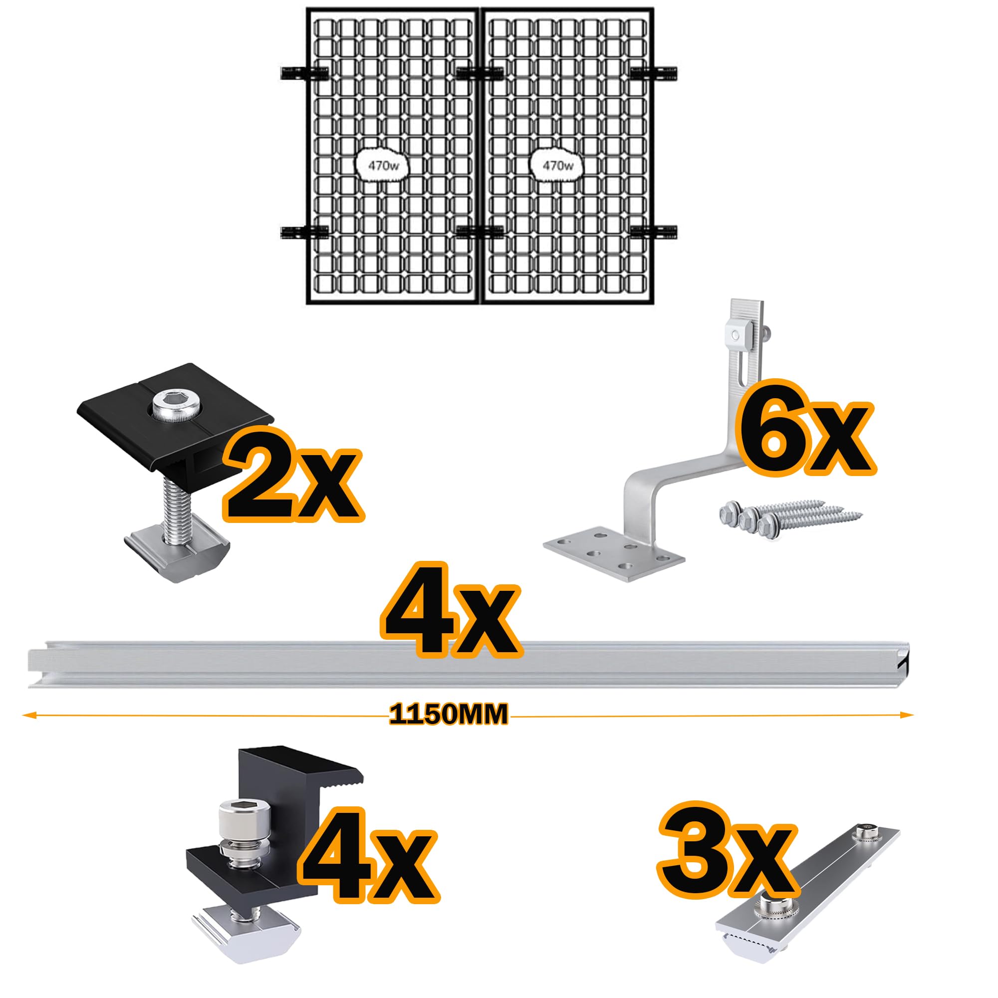 Warmfay Juego de soporte para módulo solar, riel de montaje fotovoltaico de aluminio, 1150 mm, abrazadera negra para módulos de 40 mm de grosor, ganchos para techo, módulo solar de tejas, juego de