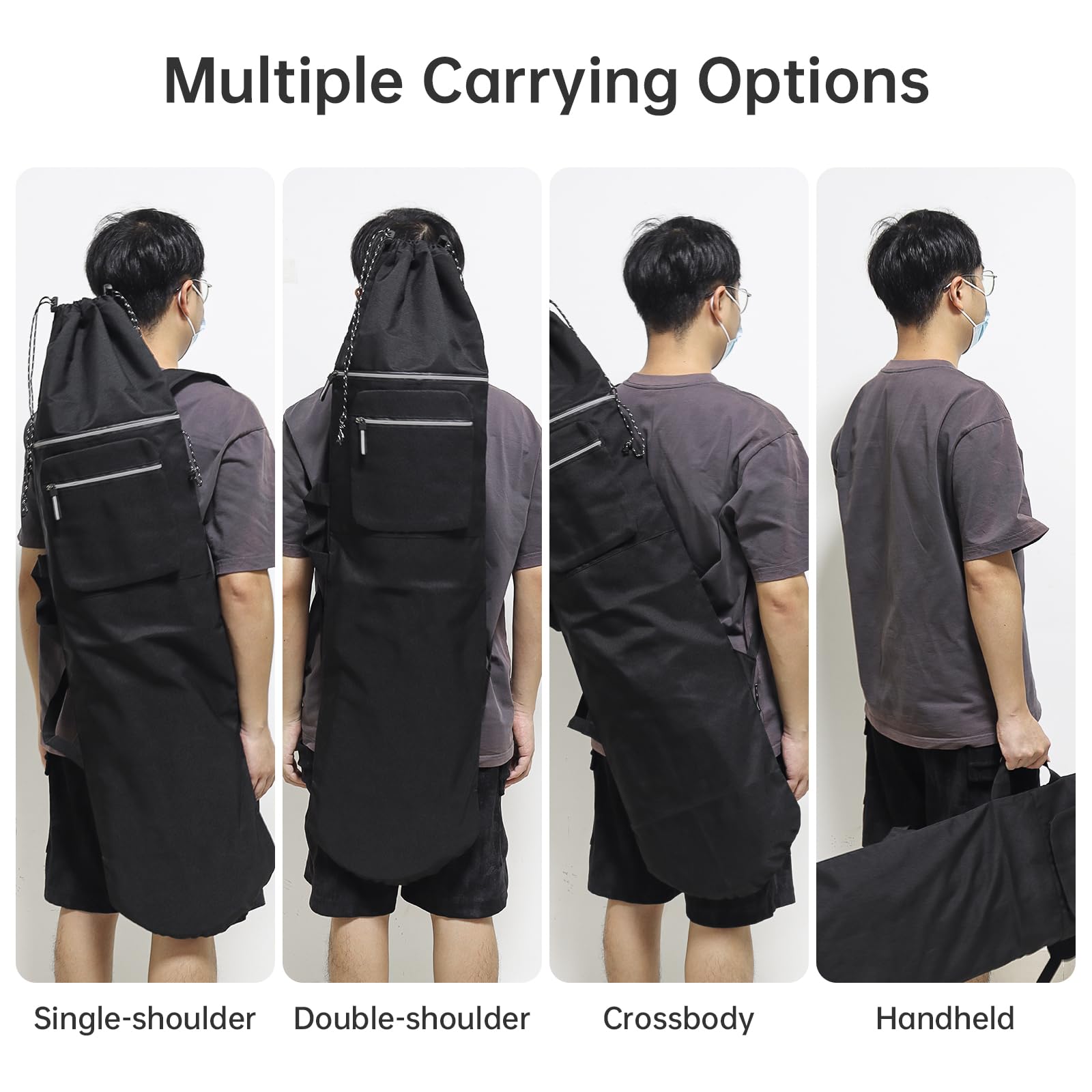 Sac de skateboard surdimensionné avec cordon de serrage réglable, sac à dos de skateboard de 101,6 cm, tissu Oxford avec fermeture éclair lumineuse, bretelles rembourrées réglables et poches