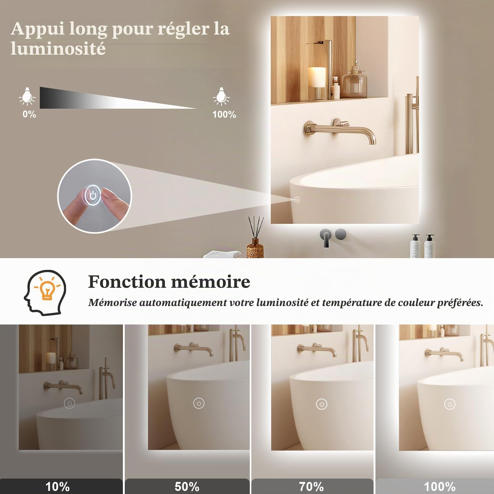 Miroir de salle de bain avec éclairage 40x60cm - Miroir de salle de bain LED avec éclairage, interrupteur tactile, variable, 3 couleurs de lumière, miroir mural LED pour salle de bain