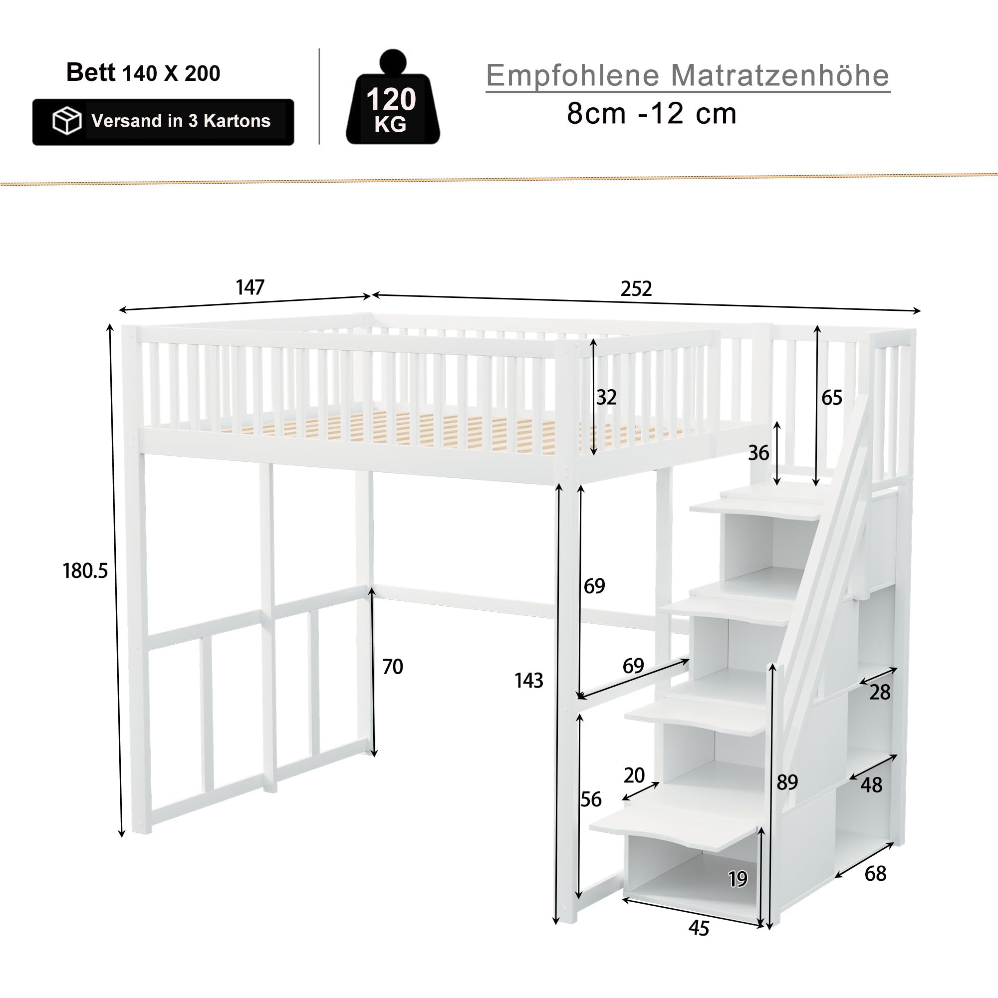 Soweiz Letto a soppalco con scala di sicurezza con vano portaoggetti, bordo di sicurezza, telaio in pino massiccio, adatto per bambini, adolescenti e adulti, 140 x 200 cm (bianco)