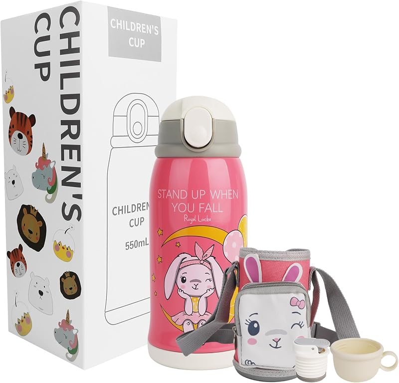 COZHYESS Gyermek Kulacs 550ml - Szívószálas, Szivárgásmentes Rozsdamentes Acél Ivópalack Nyuszis Rózsaszín Dizájnnal - Iskolába, Óvodába, Ki