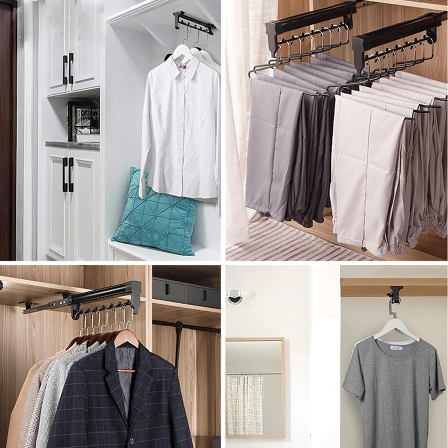 Top-mounted telescopic clothes hanger, Extendable Clothes Hanger, Upgraded dual guide rails, Divider bead design, Load 25kg(14.1in/360mm)