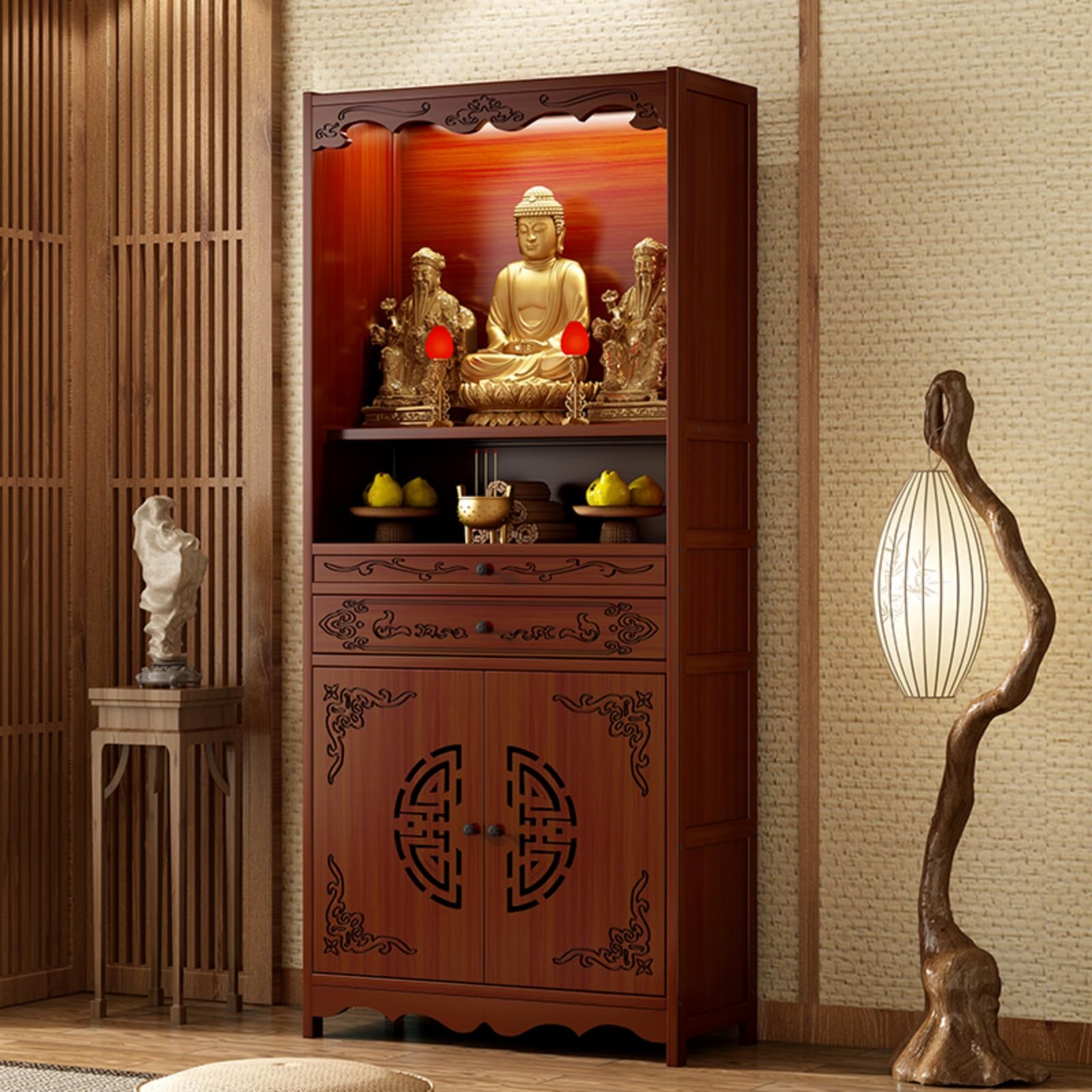 NHPJFDC Meditation Altar Table with Storage Drawer,Chinese Buddhist Shrine Cabinet,Personal Prayer Altar Table,Bamboo Pedestal for Temples and Homes 70cm/27.5in