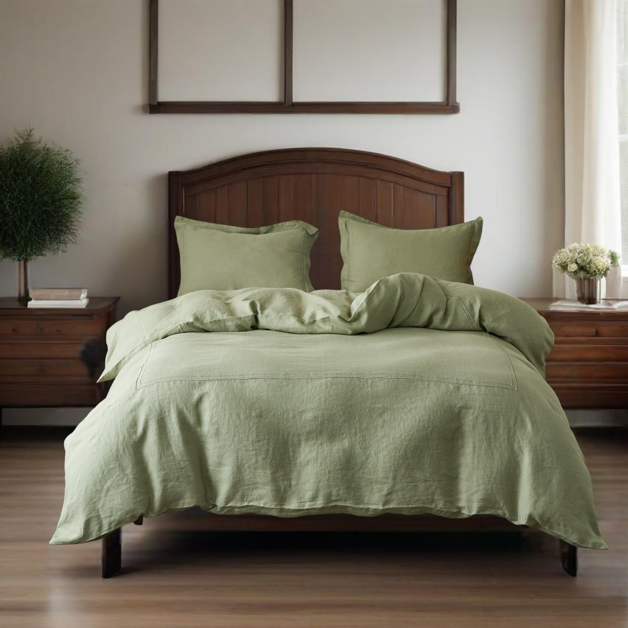Housse de couette 100% lin lavé haut de gamme vert sauge et sa taie d'oreiller rustique