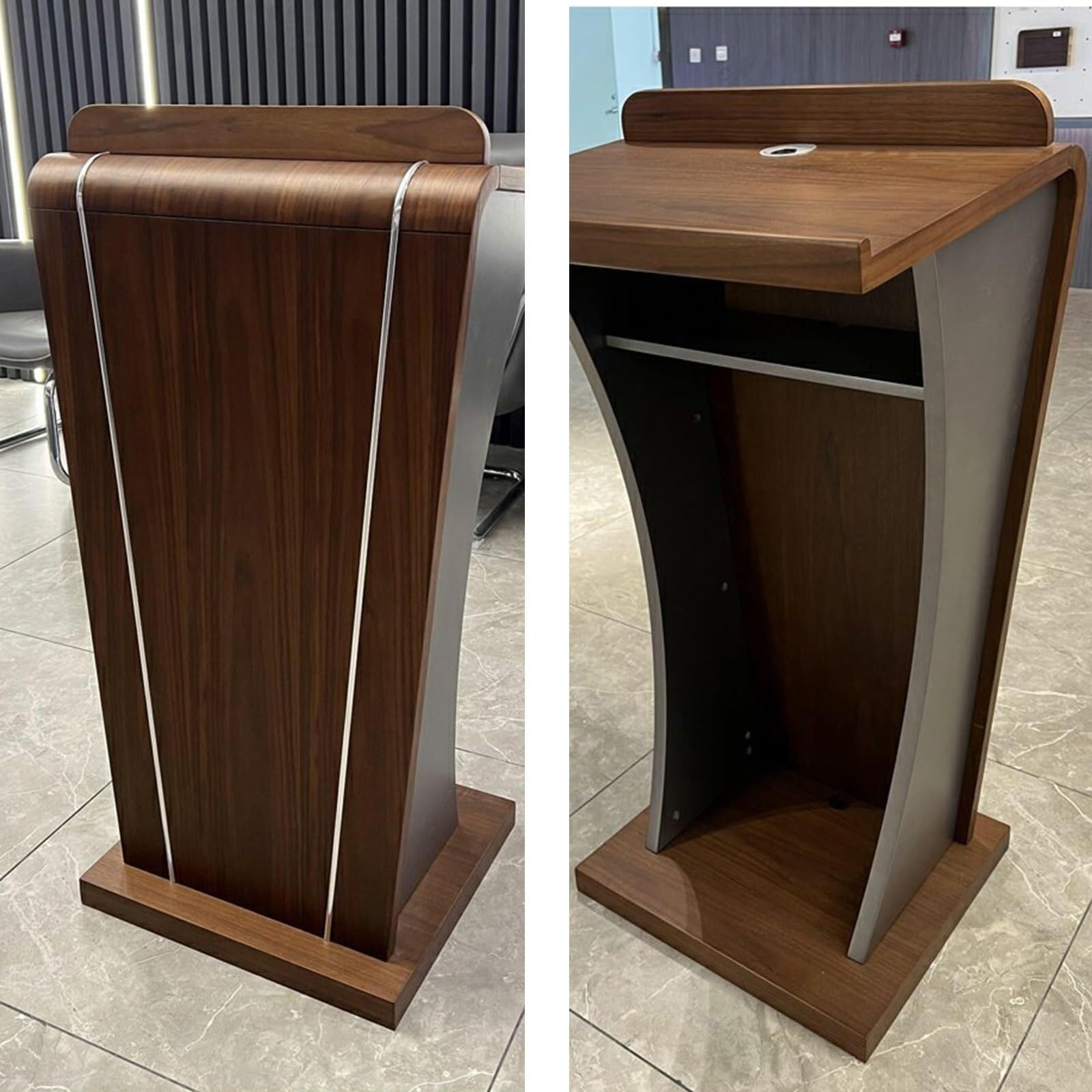 Support de pupitre en Bois de Noyer, pupitre incurvé Moderne avec Garniture en métal, comptoir de réception for conférence d'école et d'église(Walnut)