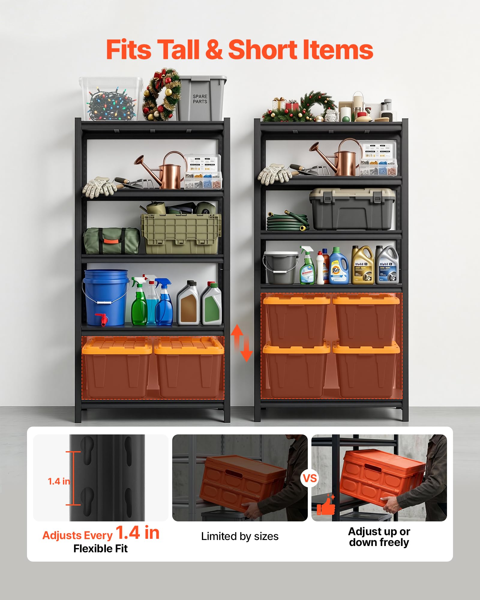 VEVOR Scaffale per Garage, Scaffale Metallico Portaoggetti, 5 Ripiani Regolabili, Capacità 1360 kg, Scaffalatura Multiuso, per Cucina, Dispensa, Cantina e Bagno, 92,5 cm L x 41,7 cm P x 181,3 cm A